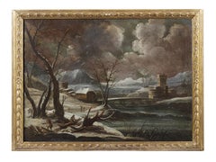 18th Century Winter Landscape Italian School Winter Snow Oil on Canvas White