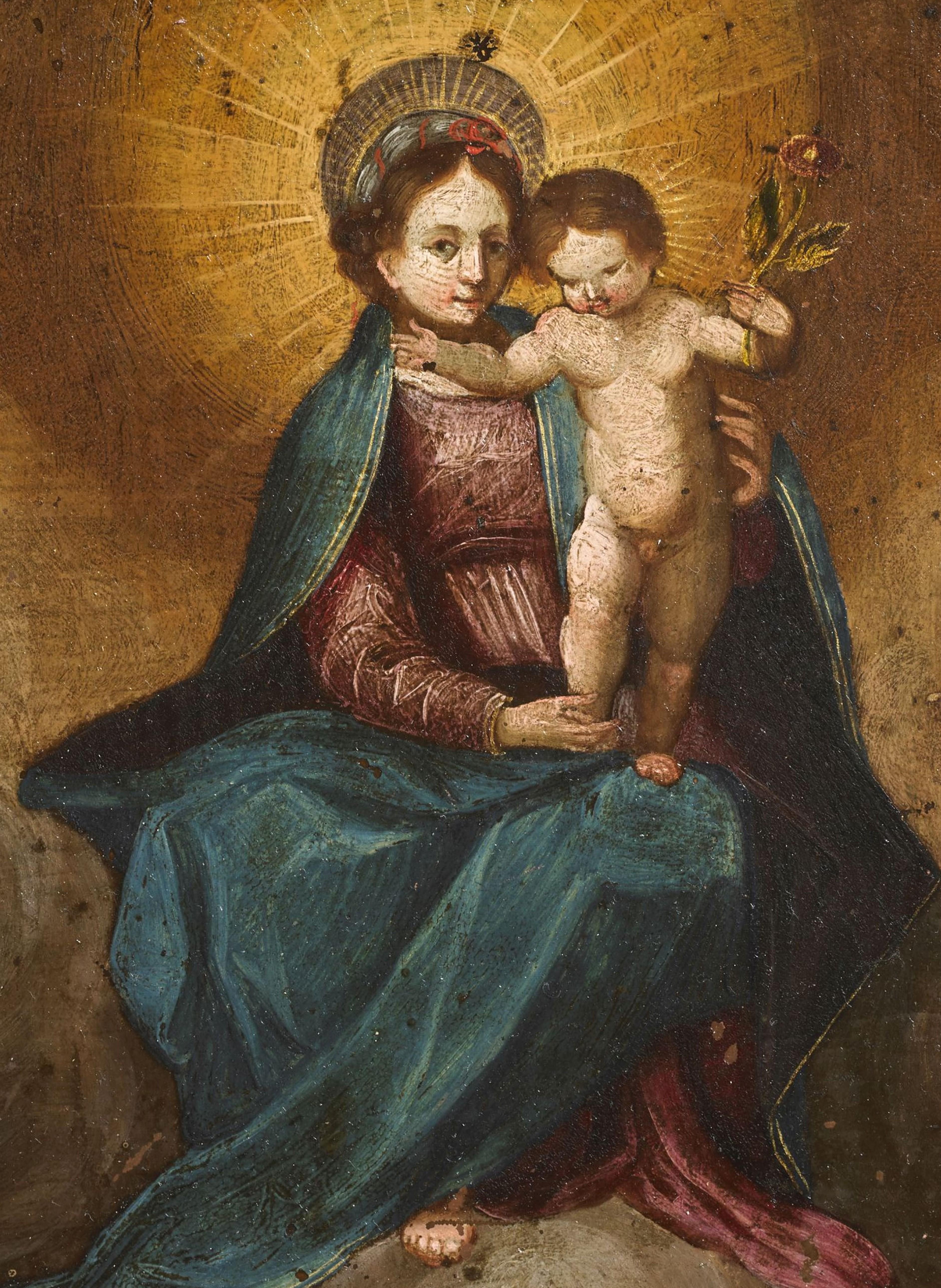 Delicate and caring Madonna with child, oil on copper, measuring 23 x 16 cm without frame and 32 x 25 cm with frame.

Sweet colors and intimate attitudes for this painting that possesses the best qualities of central Italy painting.

The paintings