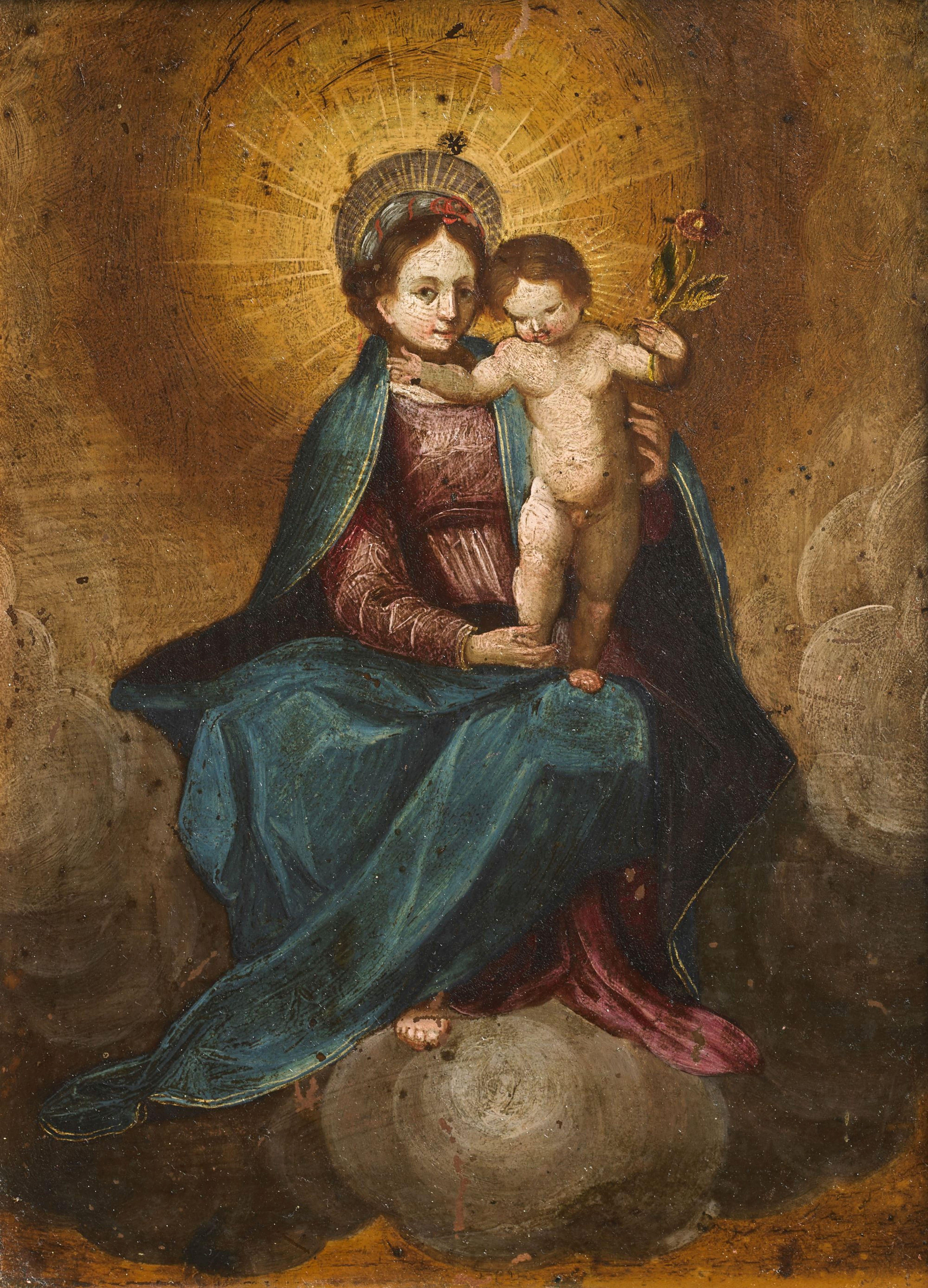 18th Holy Family Italian School Virgin and Child Oil on Canvas Blue Purple White For Sale 1