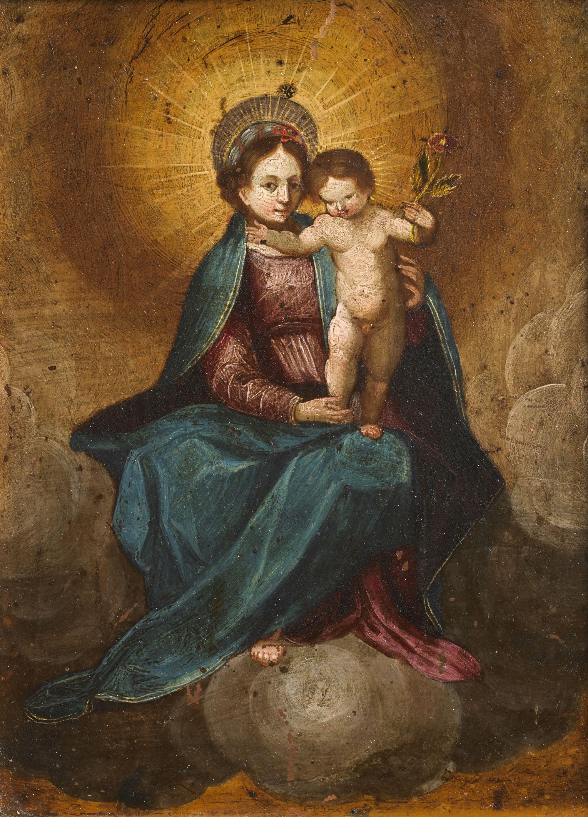 18. Heilige Familie Italienische Schule Jungfrau und Kind Öl auf Leinwand Blau Lila Weiß