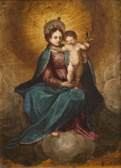 18. Heilige Familie Italienische Schule Jungfrau und Kind Öl auf Leinwand Blau Lila Weiß