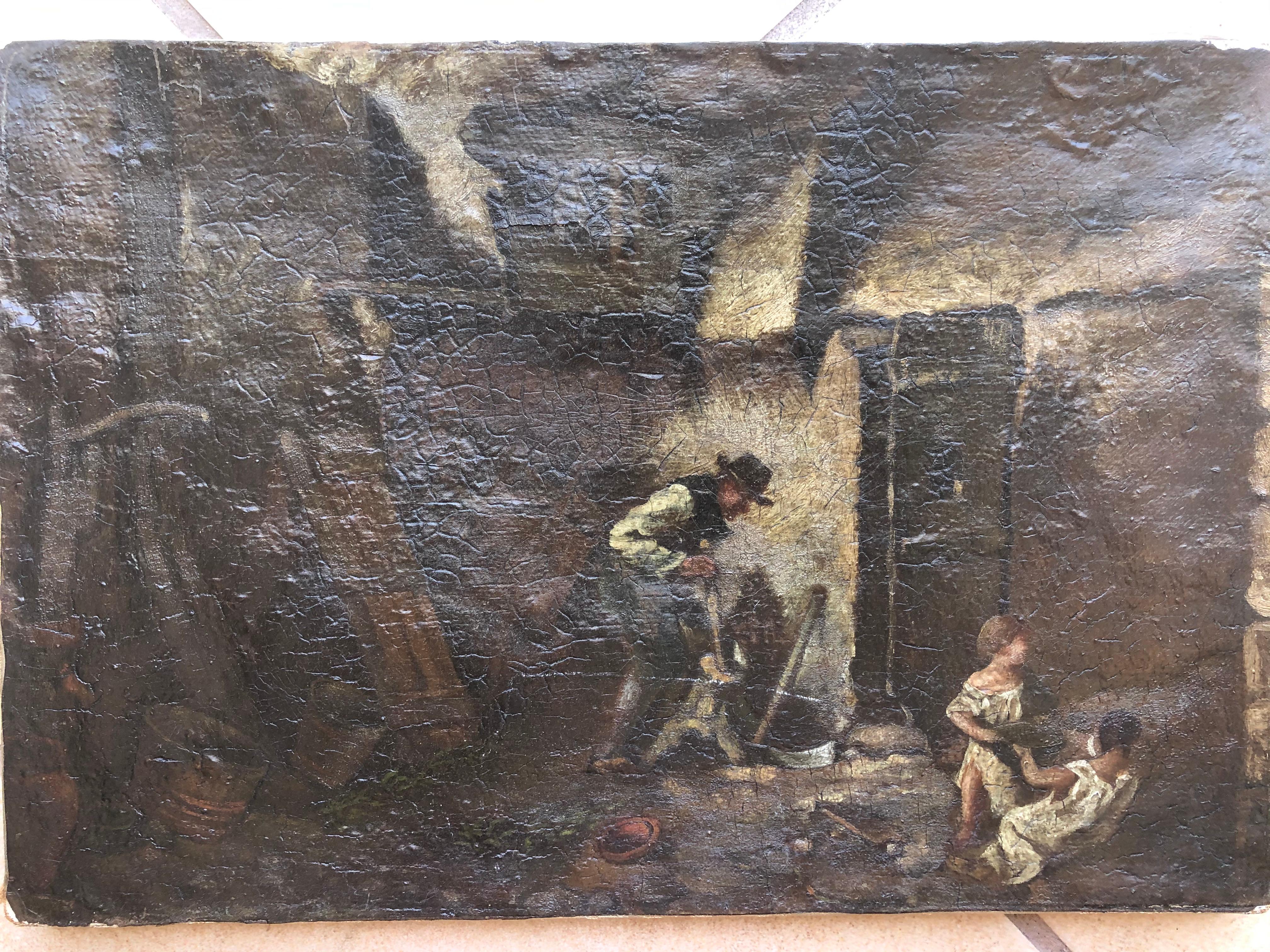 Early 19th or late 18th century Barbizon school Genre painting. Definitely a mystery piece here. Obviously academically painted but I cannot find a signature but painting needs a good cleaning. It is unframed and measures 13 3/4 inches wide by 9 1/2