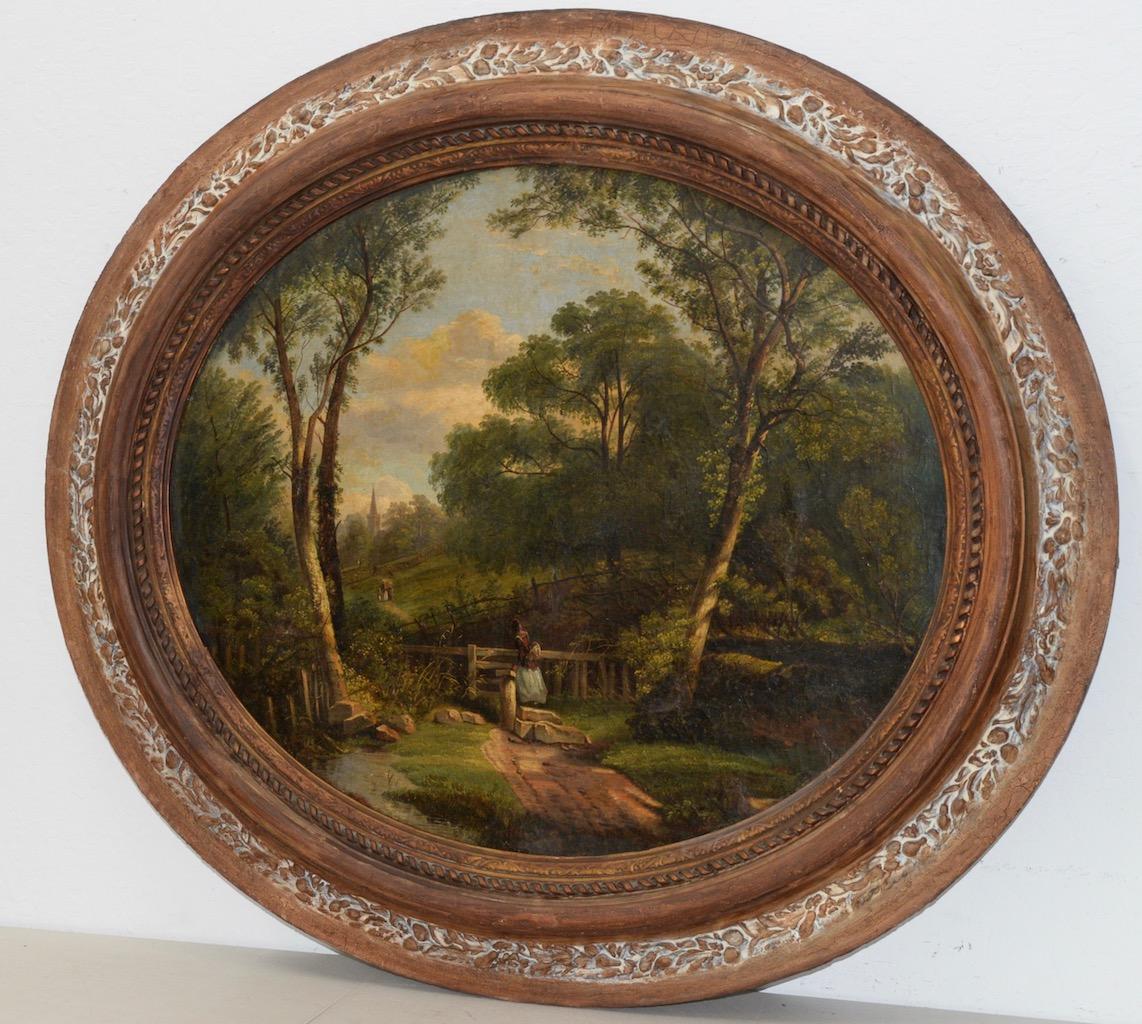 18th to 19th Century Country Landscape w/ Figures & a Distant Steeple - Painting by Unknown