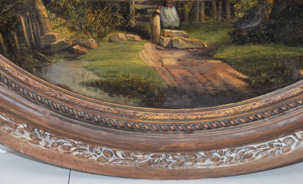 18th to 19th Century Country Landscape w/ Figures & a Distant Steeple

Charming oil painting on canvas, affixed to an oval stretcher.

The painting shows a young woman entering a gated path, leading to a church steeple in the distance.

Original oil