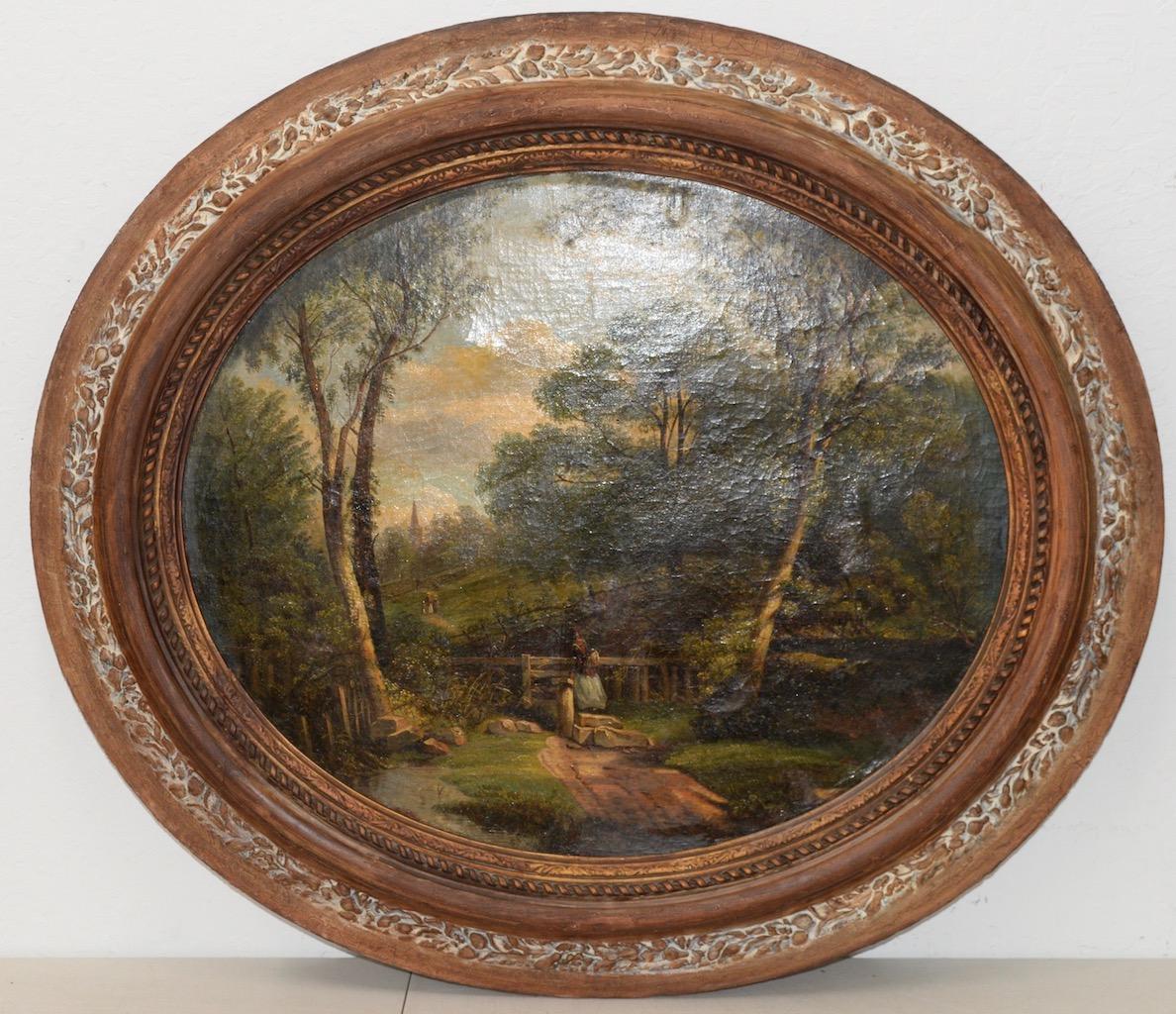 Unknown Landscape Painting - 18th to 19th Century Country Landscape w/ Figures & a Distant Steeple
