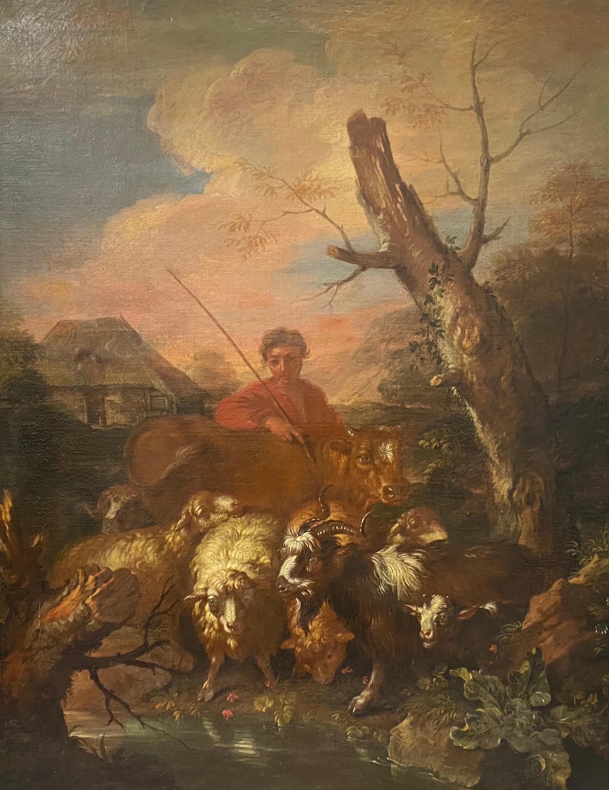 Peinture de maître ancien du 18ème au 19ème siècle avec berger et son horloge - Marron Landscape Painting par Unknown