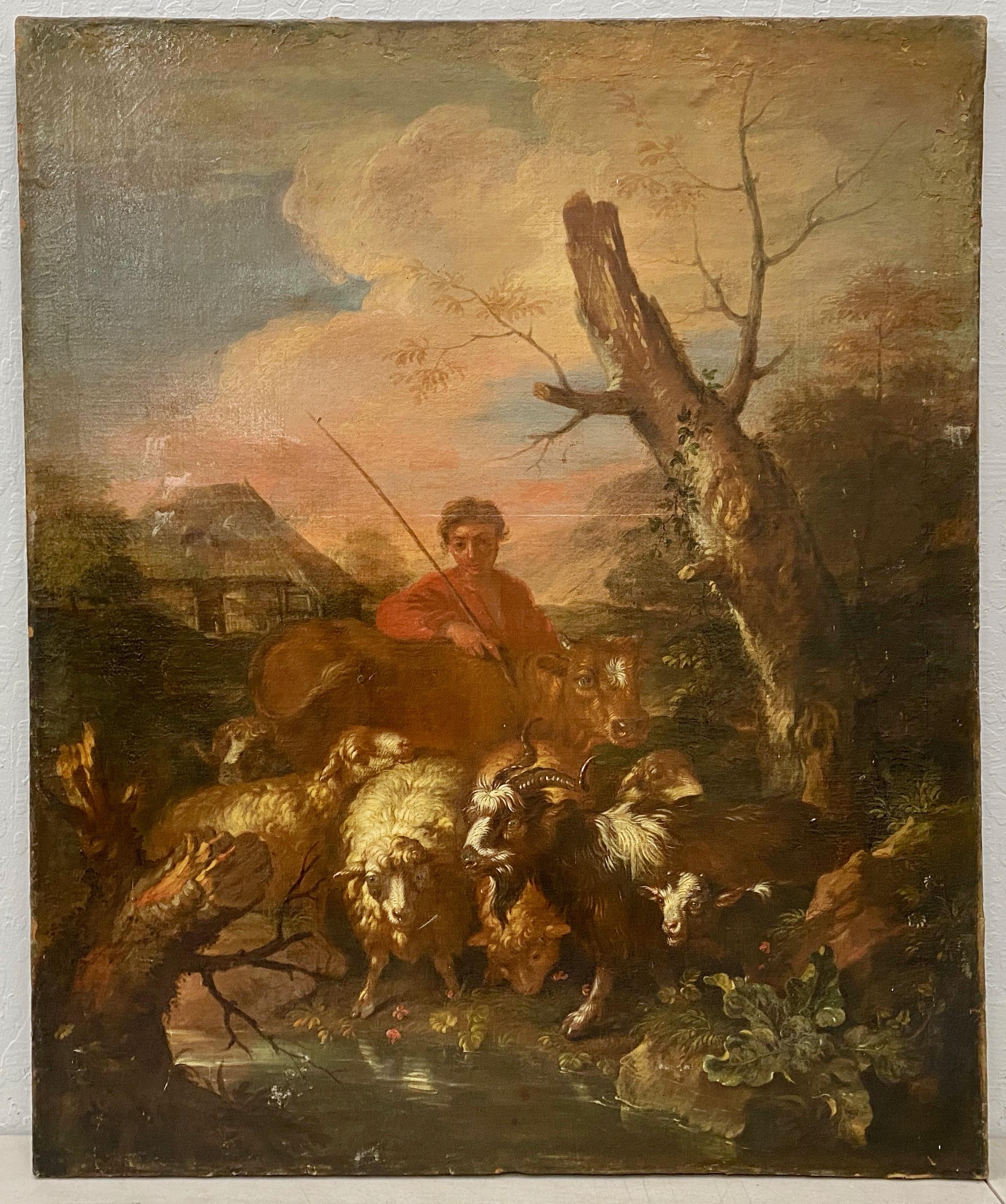 Landscape Painting Unknown - Peinture de maître ancien du 18ème au 19ème siècle avec berger et son horloge