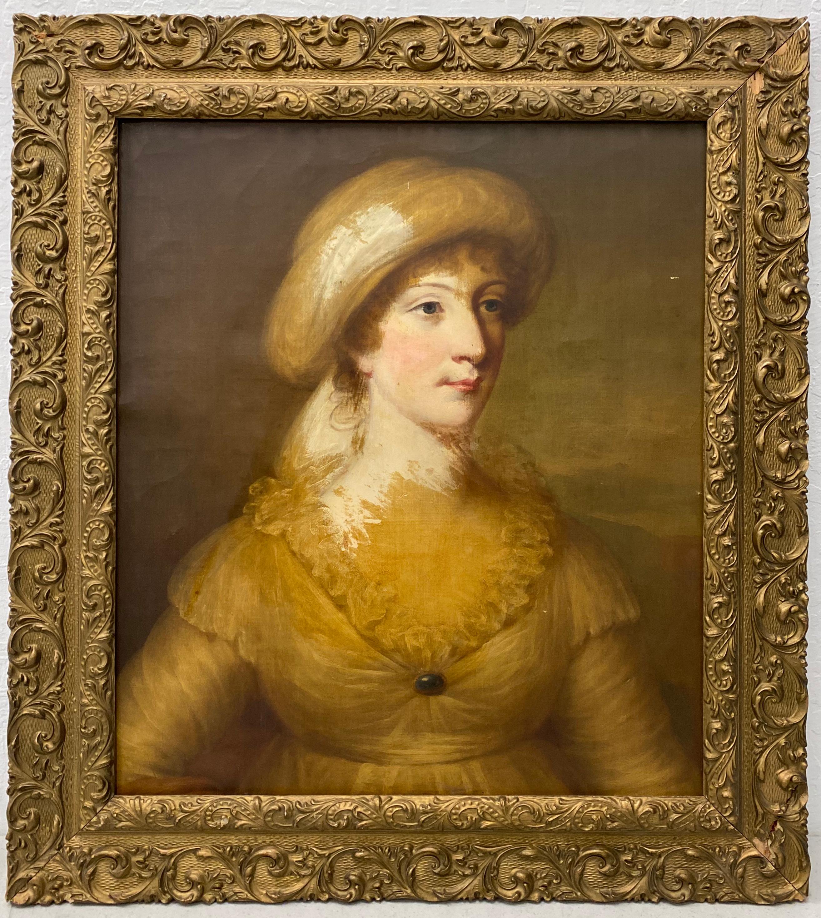 Unknown Portrait Painting - 18th to 19th Century Woman in Yellow Original Oil Portrait c.1800