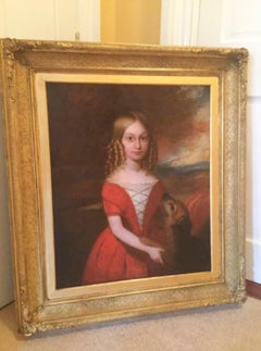 18thc Oil Portrait Of Young Girl & Her Pet Dog English School Painting
