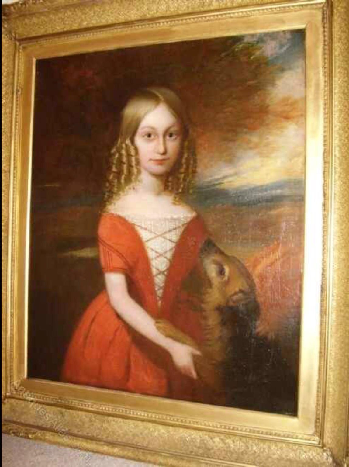 18thc Oil Portrait Of Young Girl & Her Pet Dog English School Painting - Brown Portrait Painting by Unknown