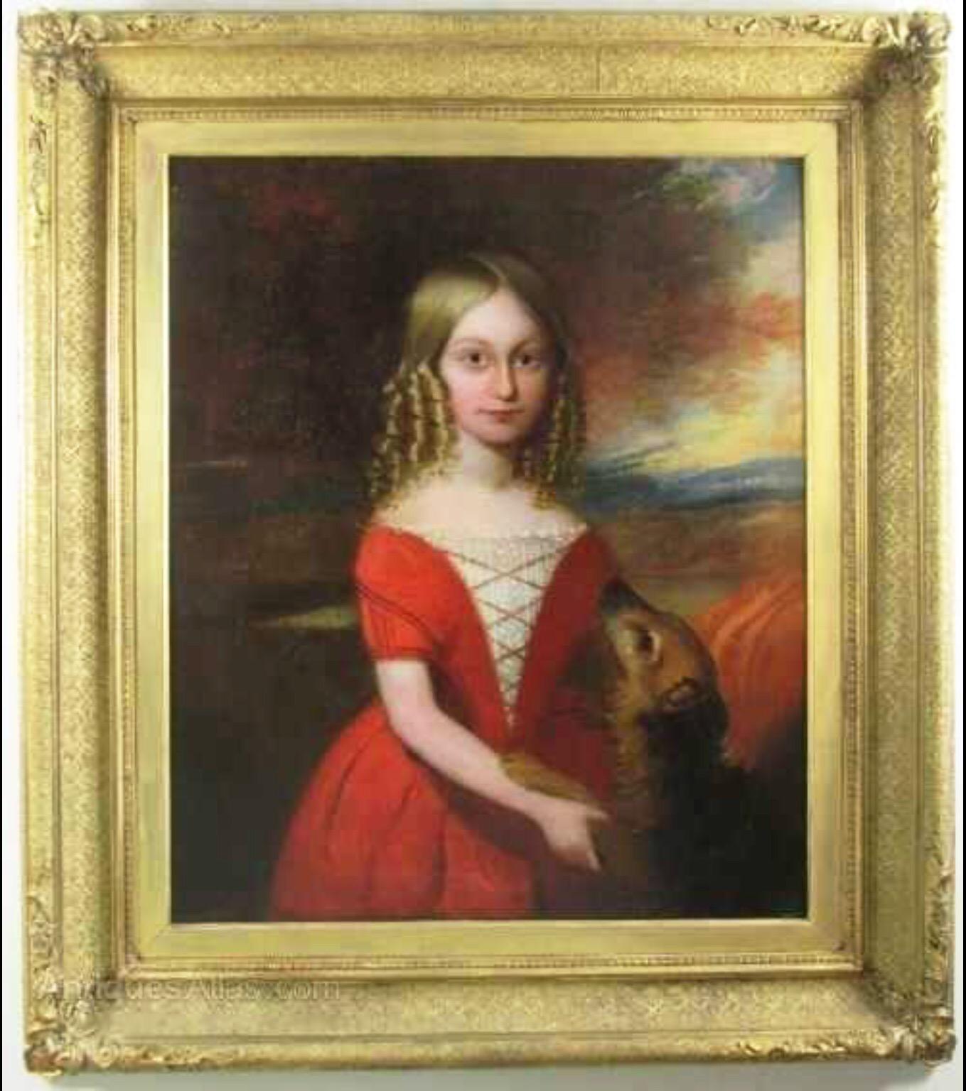 Unknown Portrait Painting - 18thc Oil Portrait Of Young Girl & Her Pet Dog English School Painting