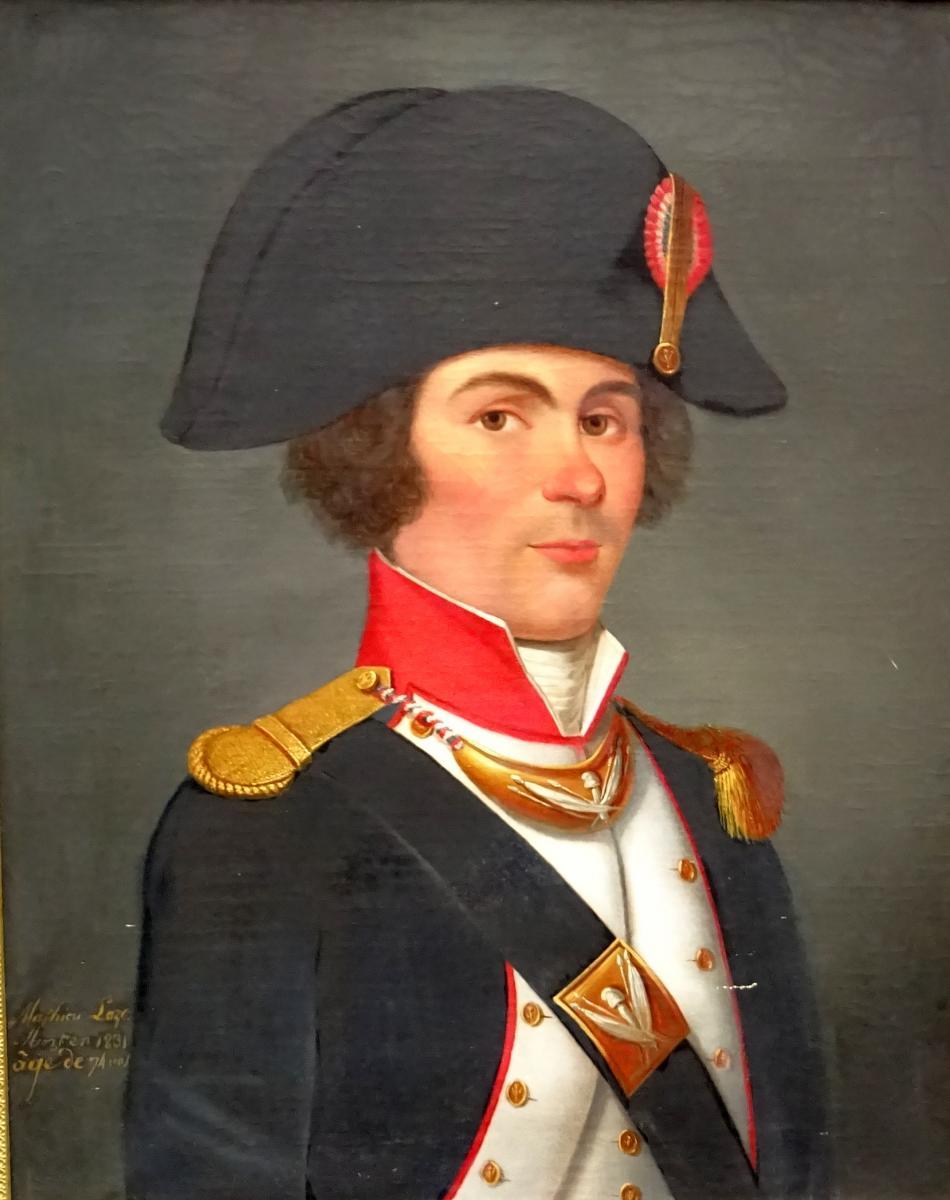 18thc Portrait French National Guard Officer Mathieu Loze Wearing Bicorne Hat - Painting by Unknown