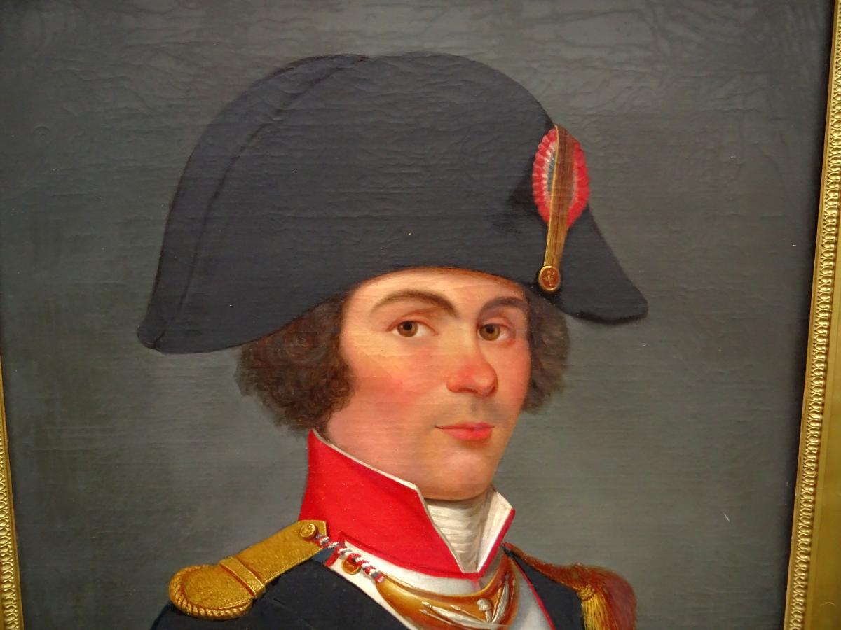 18thc Portrait French National Guard Officer Mathieu Loze Wearing Bicorne Hat - Mannerist Painting by Unknown