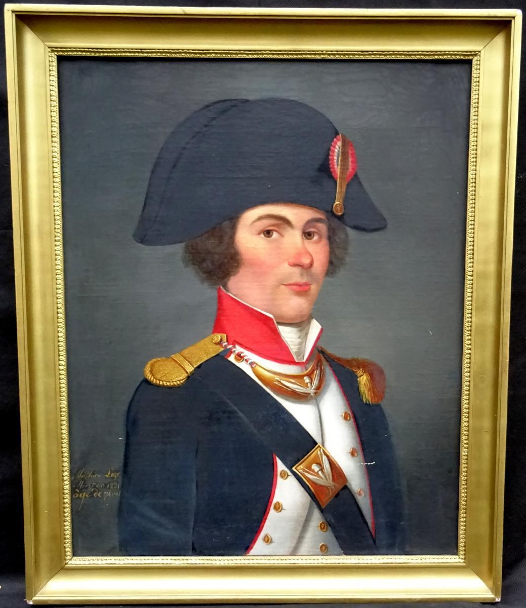 Unknown Figurative Painting - 18thc Portrait French National Guard Officer Mathieu Loze Wearing Bicorne Hat