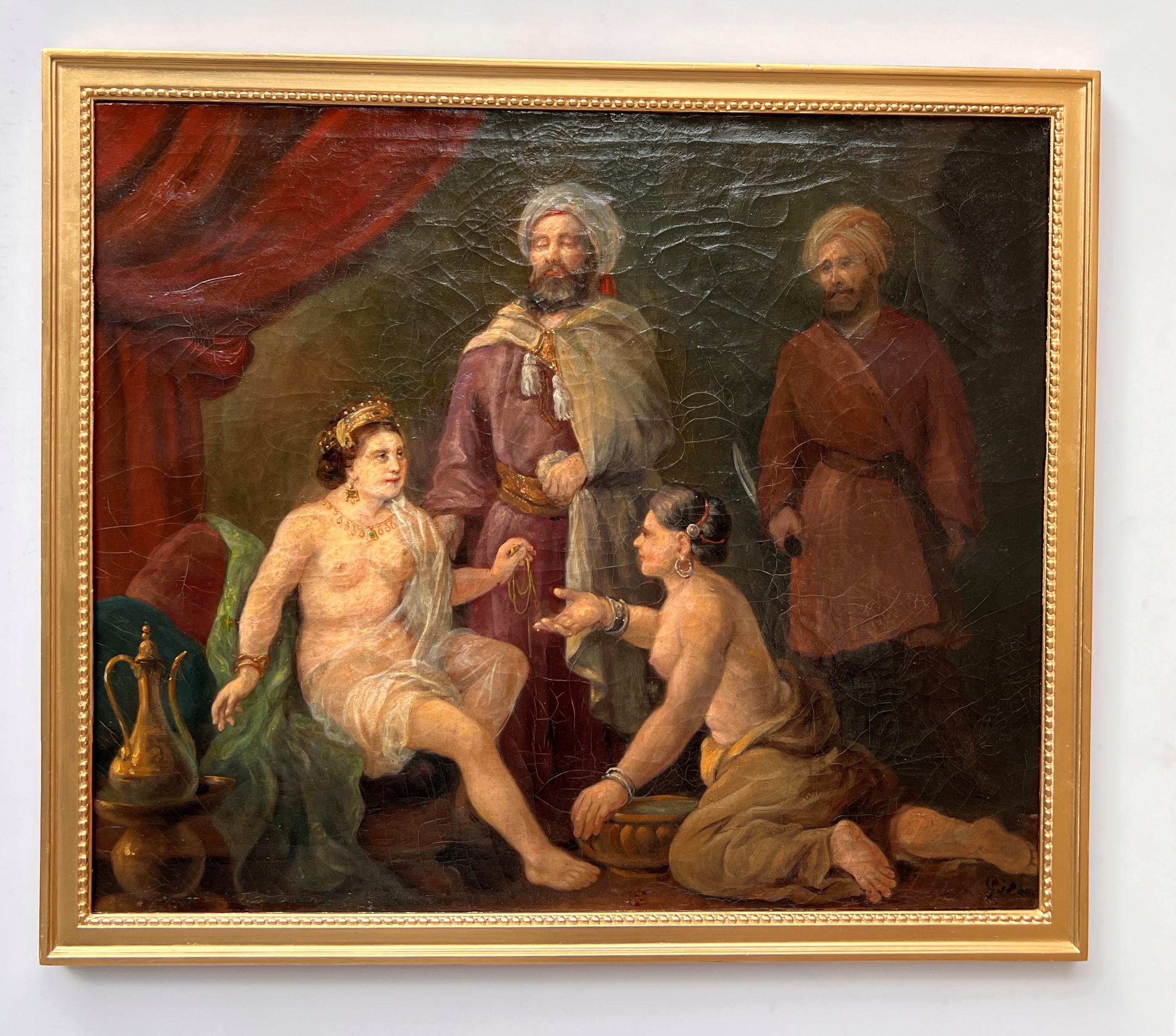 Up for sale is a fabulous antique 19th-century or even earlier original oil painting on canvas depicting an interior scene with a seated female nude queen wearing a jeweled crown and ancient Roman-style gold and gem-studded jewelry. She is draped in