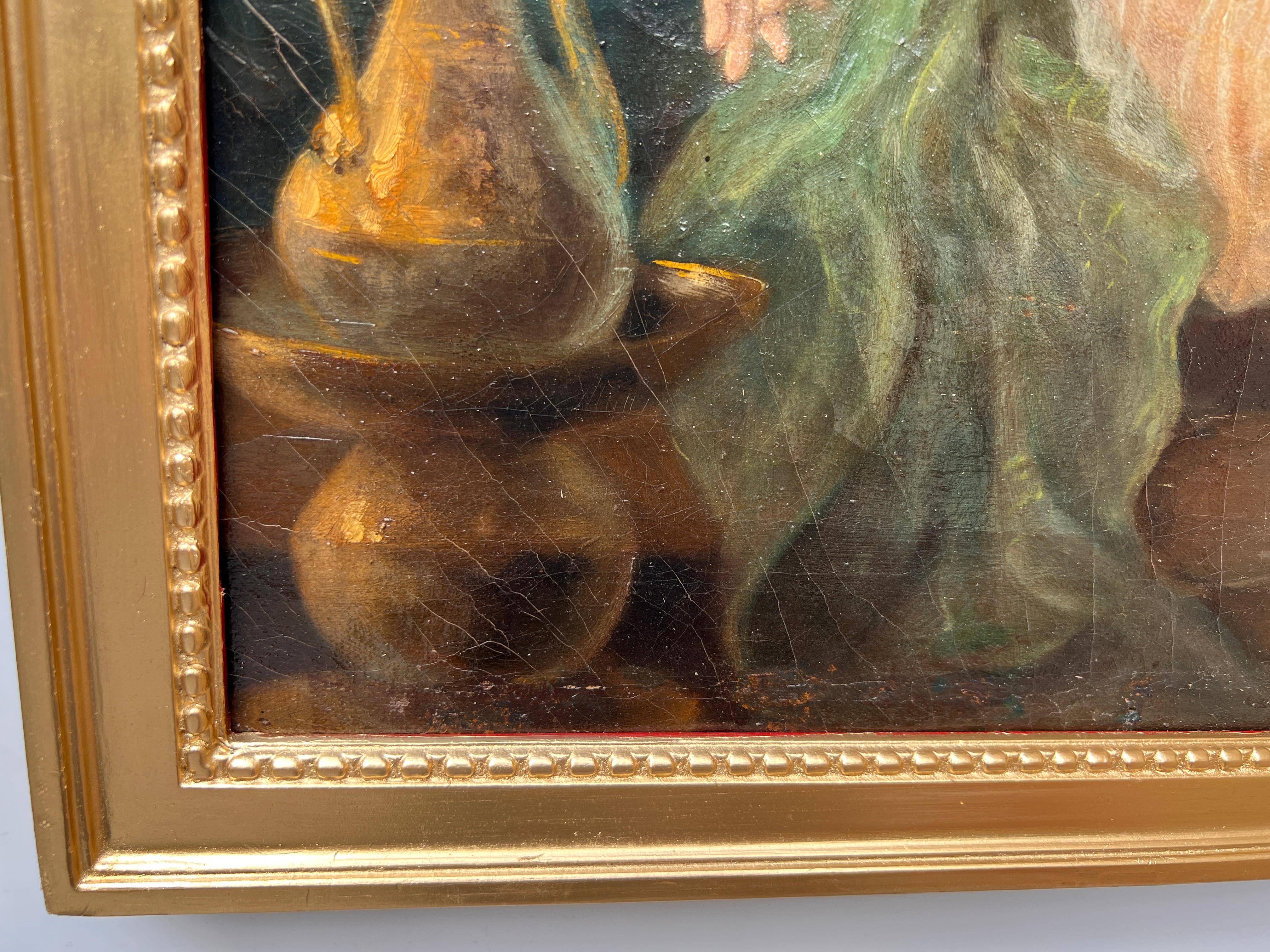 Pittura ad olio originale su tela del 19° secolo o precedente, firmata, Scena di genere - Figurative Painting Marrone di Unknown
