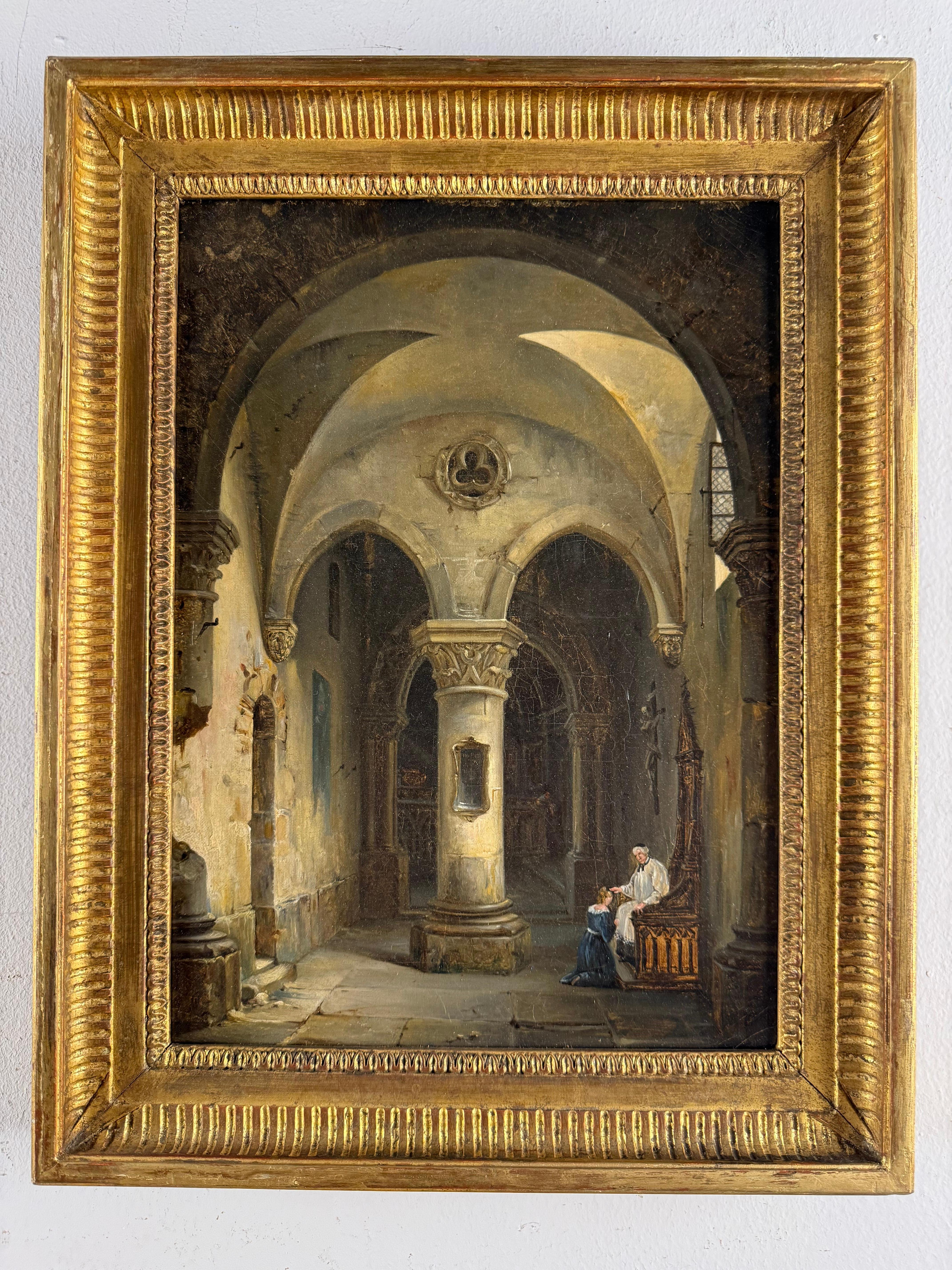 19 Century French interior scenes of a monastery - Painting by Unknown