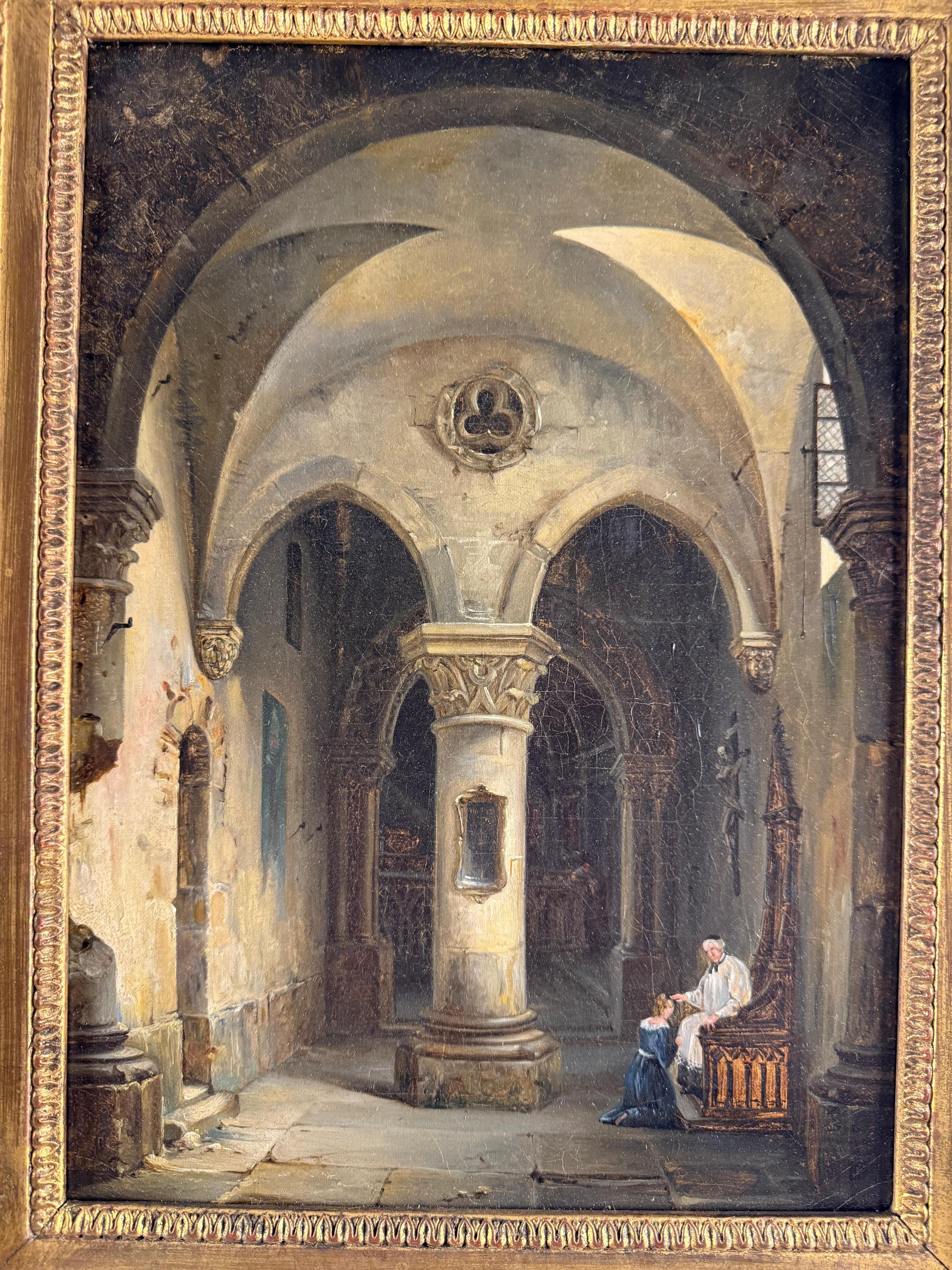 19 Century French interior scenes of a monastery - Brown Interior Painting by Unknown