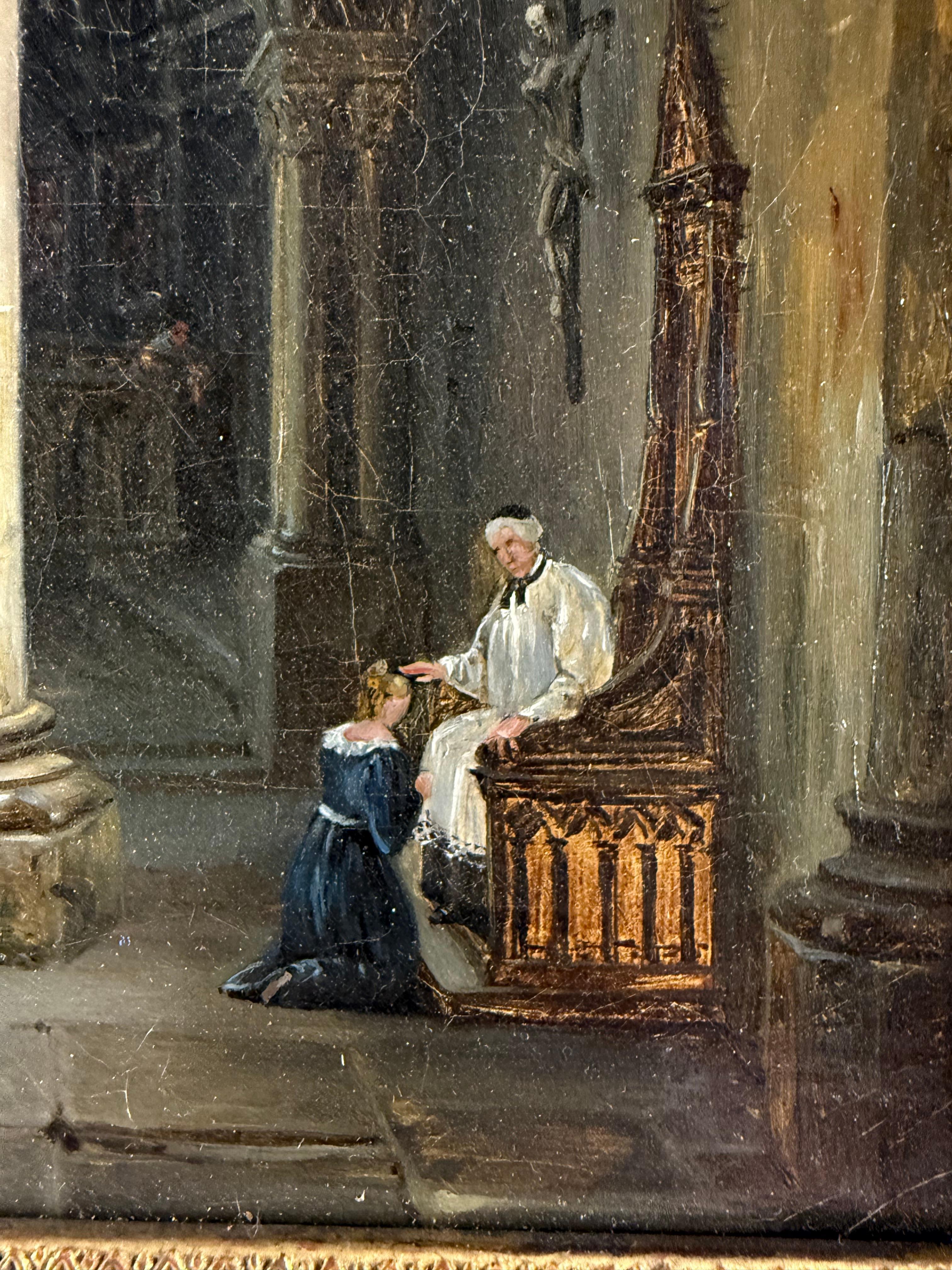 A pair of 19 Century French interior scenes depicting a monastery. Very good condition, no restorations. Original stretcher and frame.