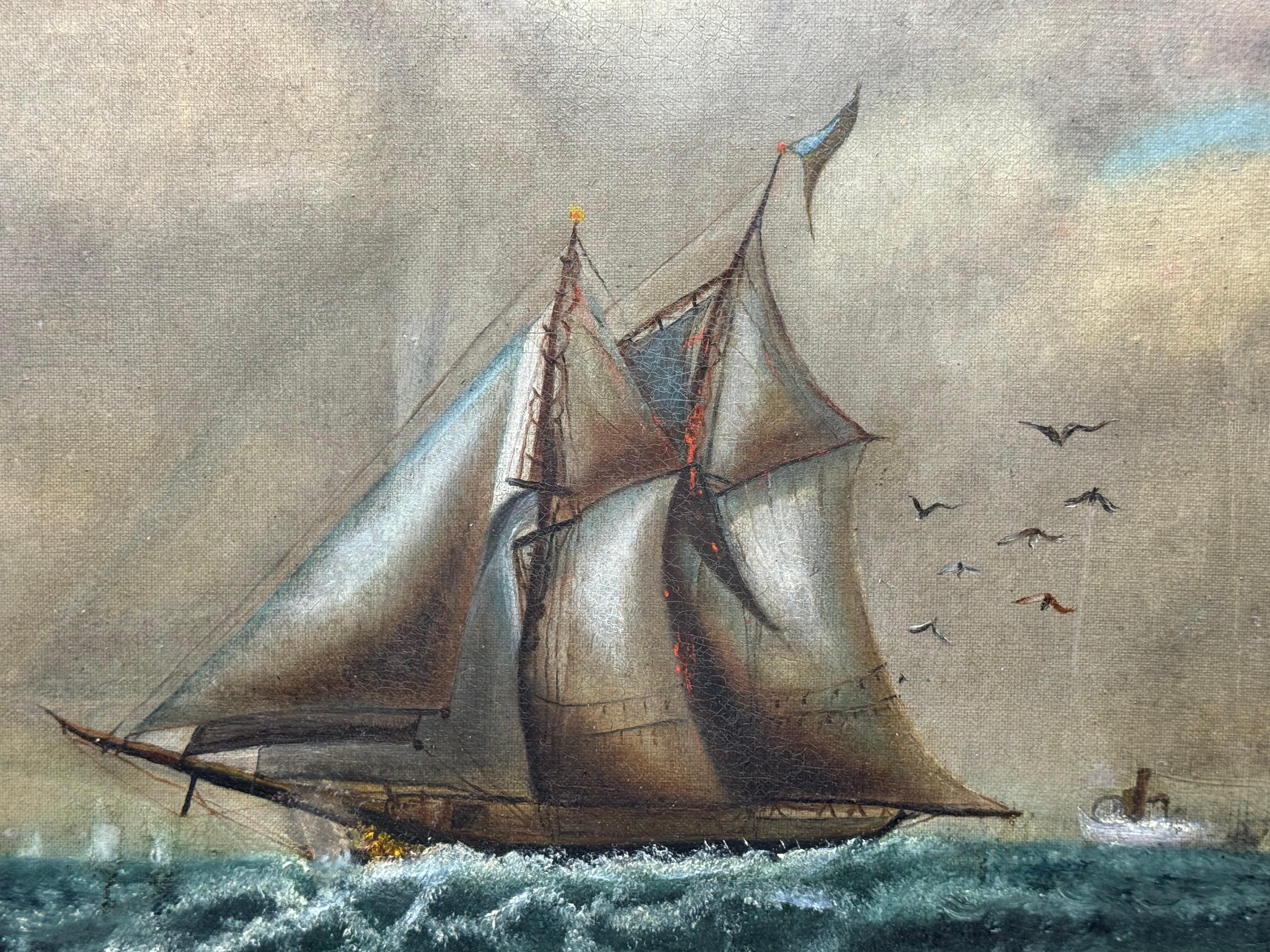 19 century Maritime Painting with Schooner at Sea (Restored) For Sale 3