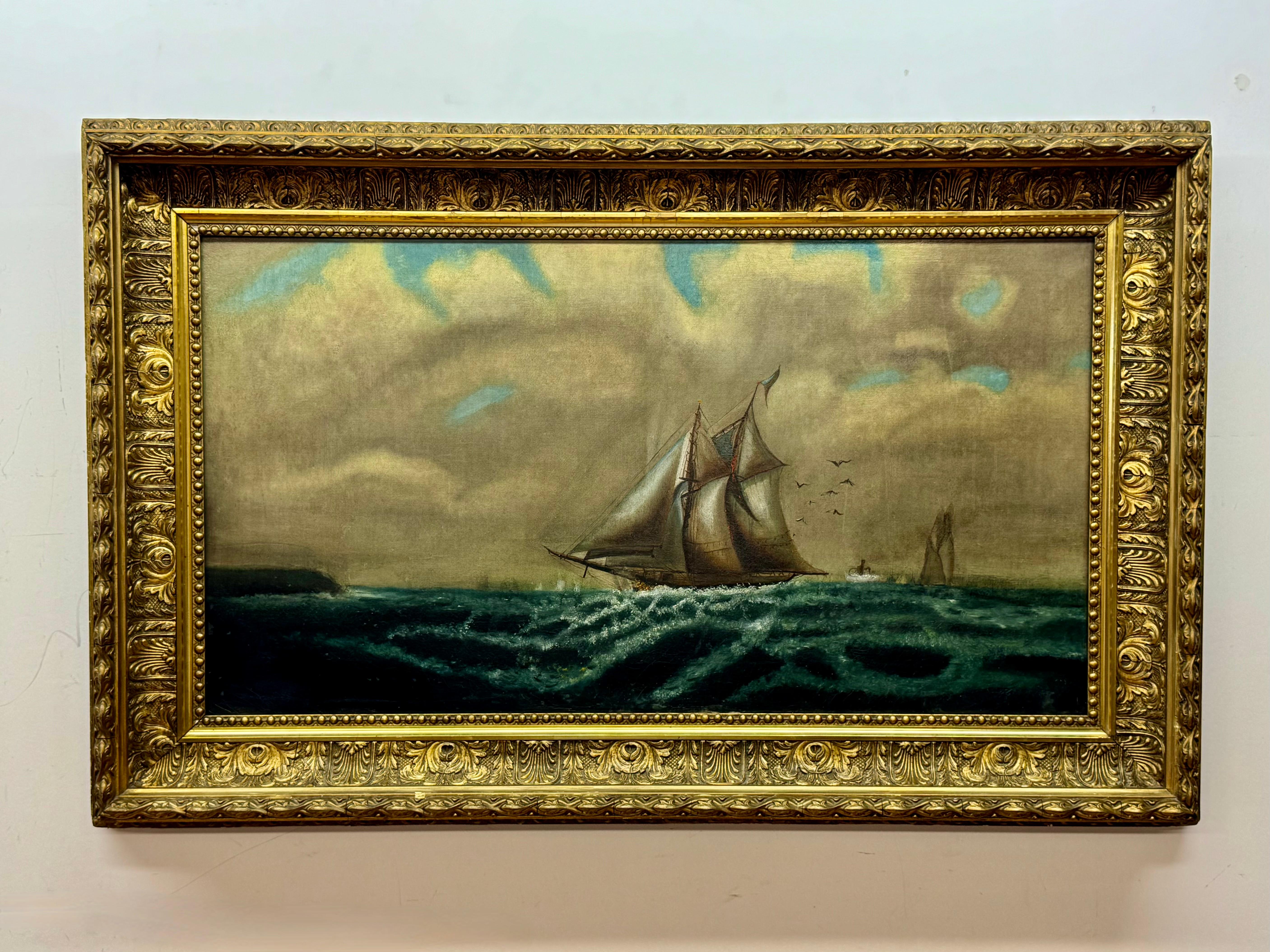 Tableau maritime du 19e siècle avec goélette en mer (restauré) - Painting de Unknown