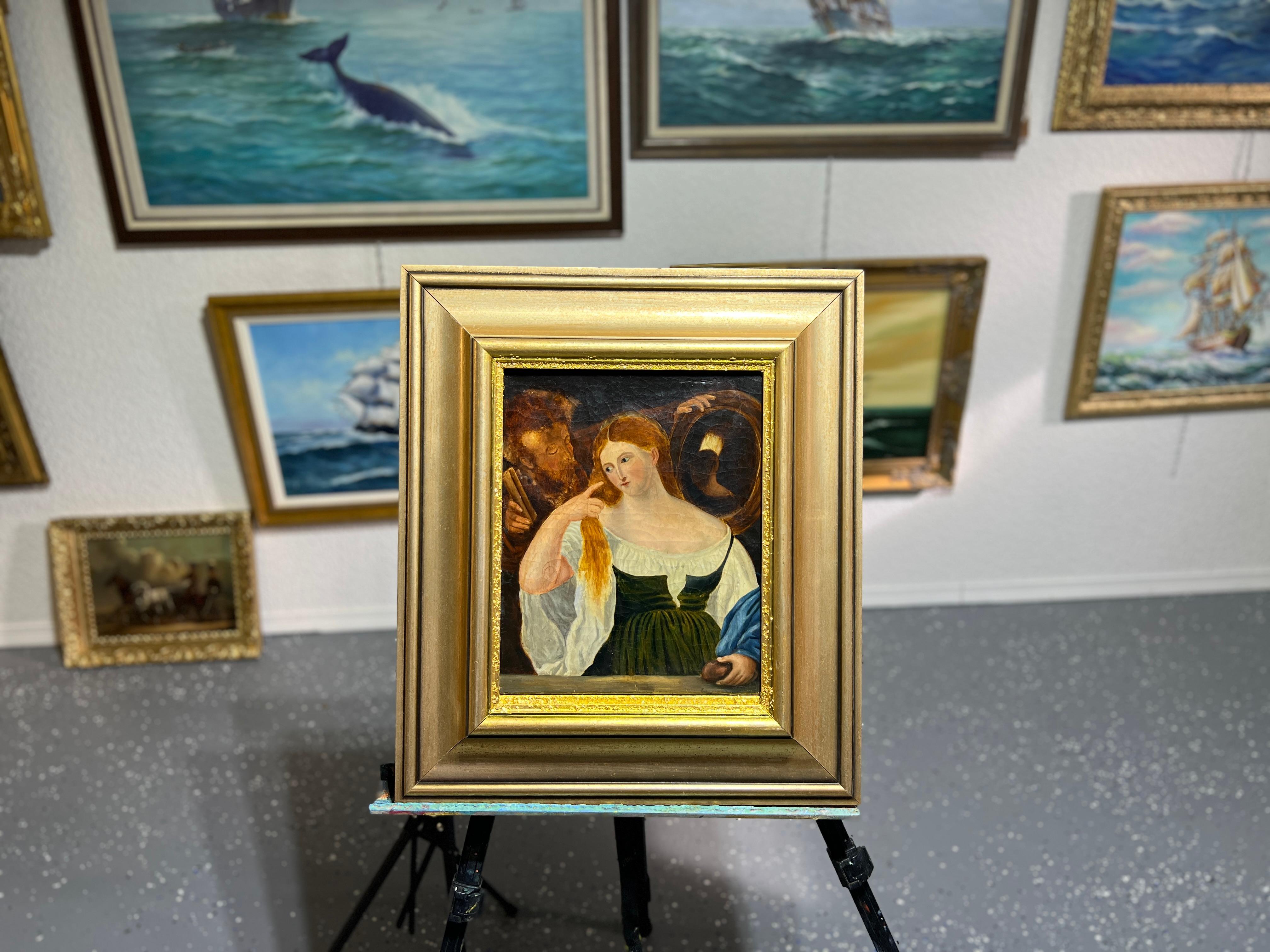 Up&Up est une très intéressante peinture à l'huile sur toile originale du XIXe siècle représentant une femme qui surplombe un parapet et touche une bouteille posée dessus. De sa main droite, elle lui caresse les cheveux. Un homme derrière elle