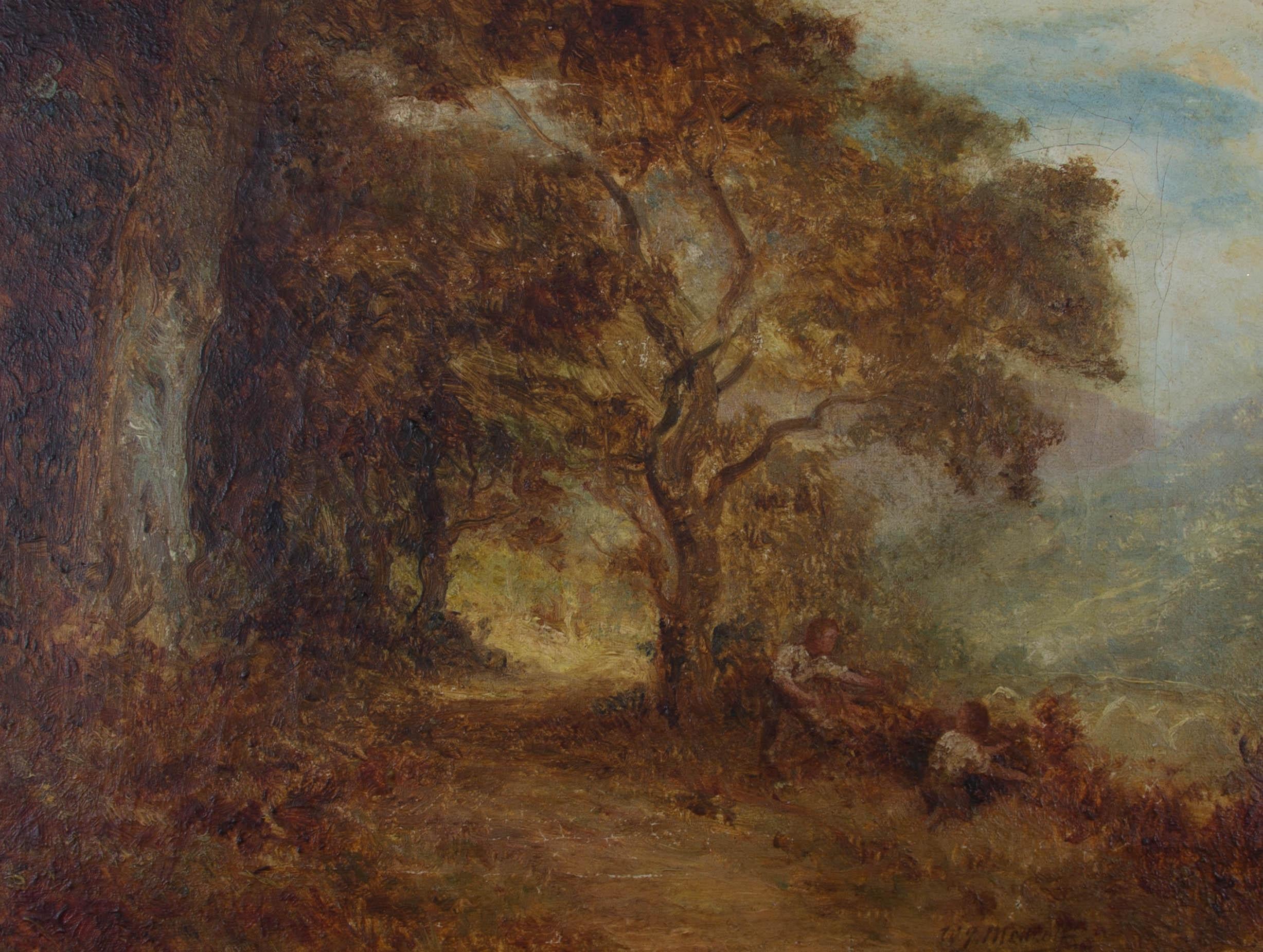 A charming turn of the Century landscape in oil showing children gathering blackberries on the side of a woodland path in Glen Aldyn, Ramsey, Isle Of Man. The artist has signed illegibly and dated to the lower right and the painting has been
