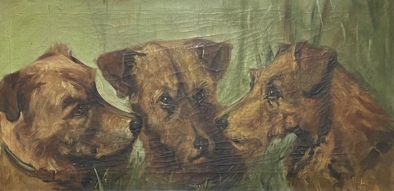 Unknown Animal Painting - 1900's ENGLISH DOG PAINTING - THREE TERRIERS HEAD PORTRAITS - ALERT CHARACTERS