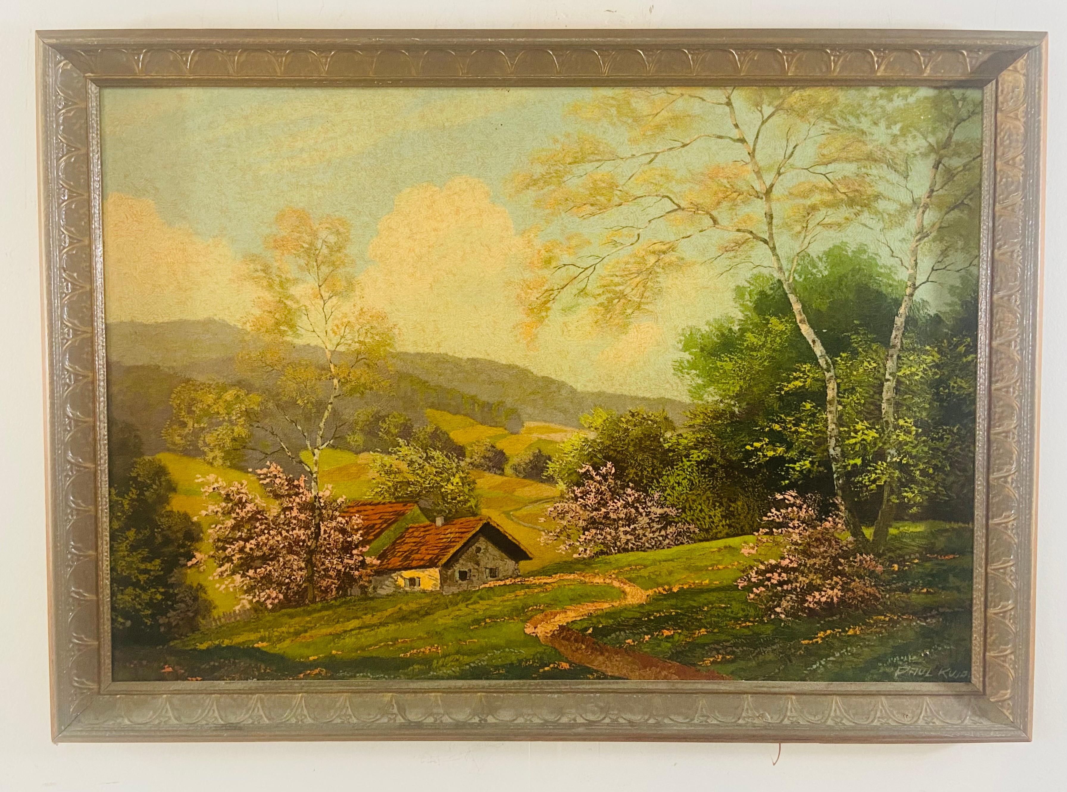 Un paysage peint à l'huile sur panneau par l'artiste Paul Kujal Austria (1894 - 1965). Le tableau représente une scène sereine d'une maison de campagne dans ce qui ressemble à un village européen dans la région montagneuse au printemps. Des arbres