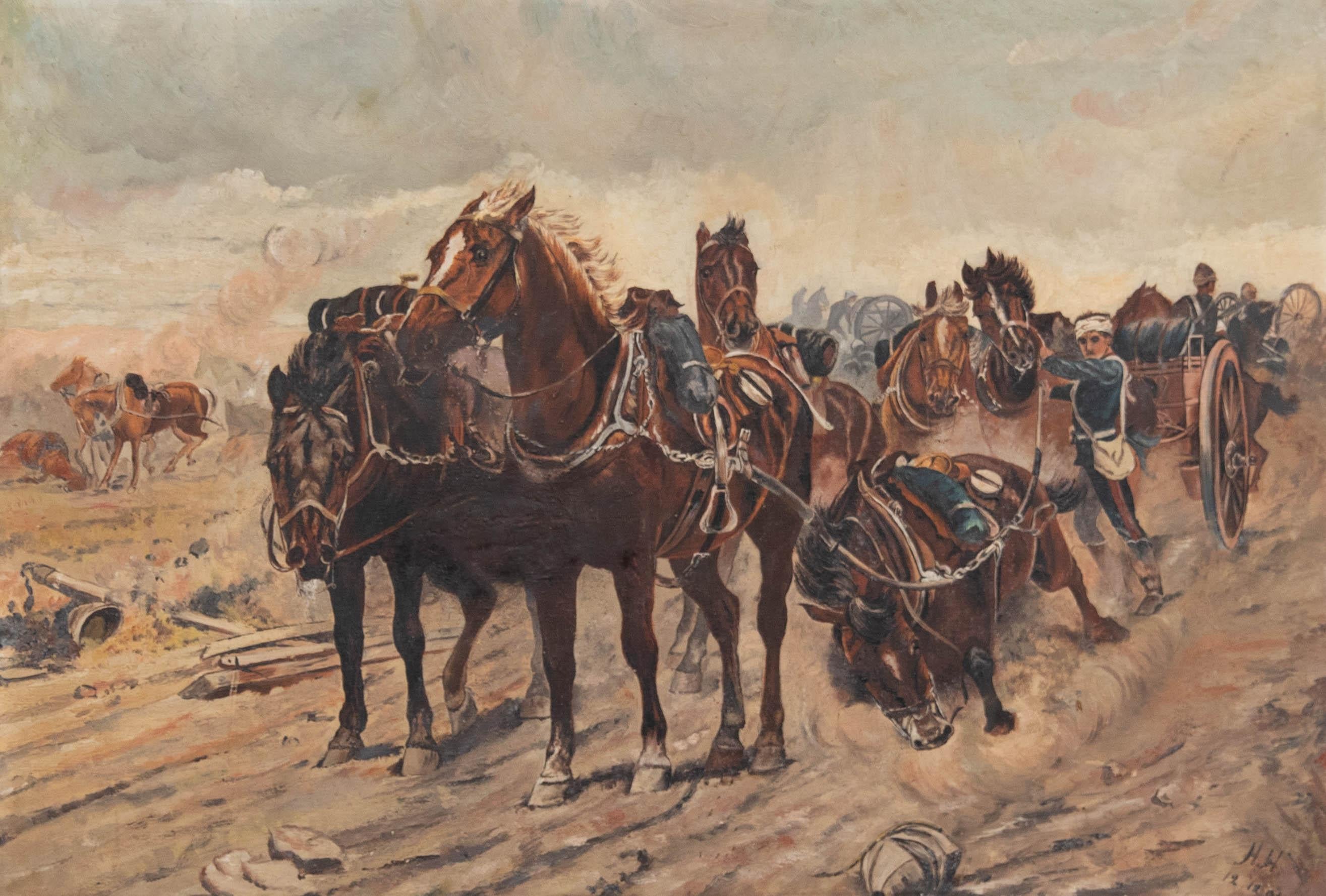 Unknown Figurative Painting - 1903 Oil - Gun Horse of the Boer War