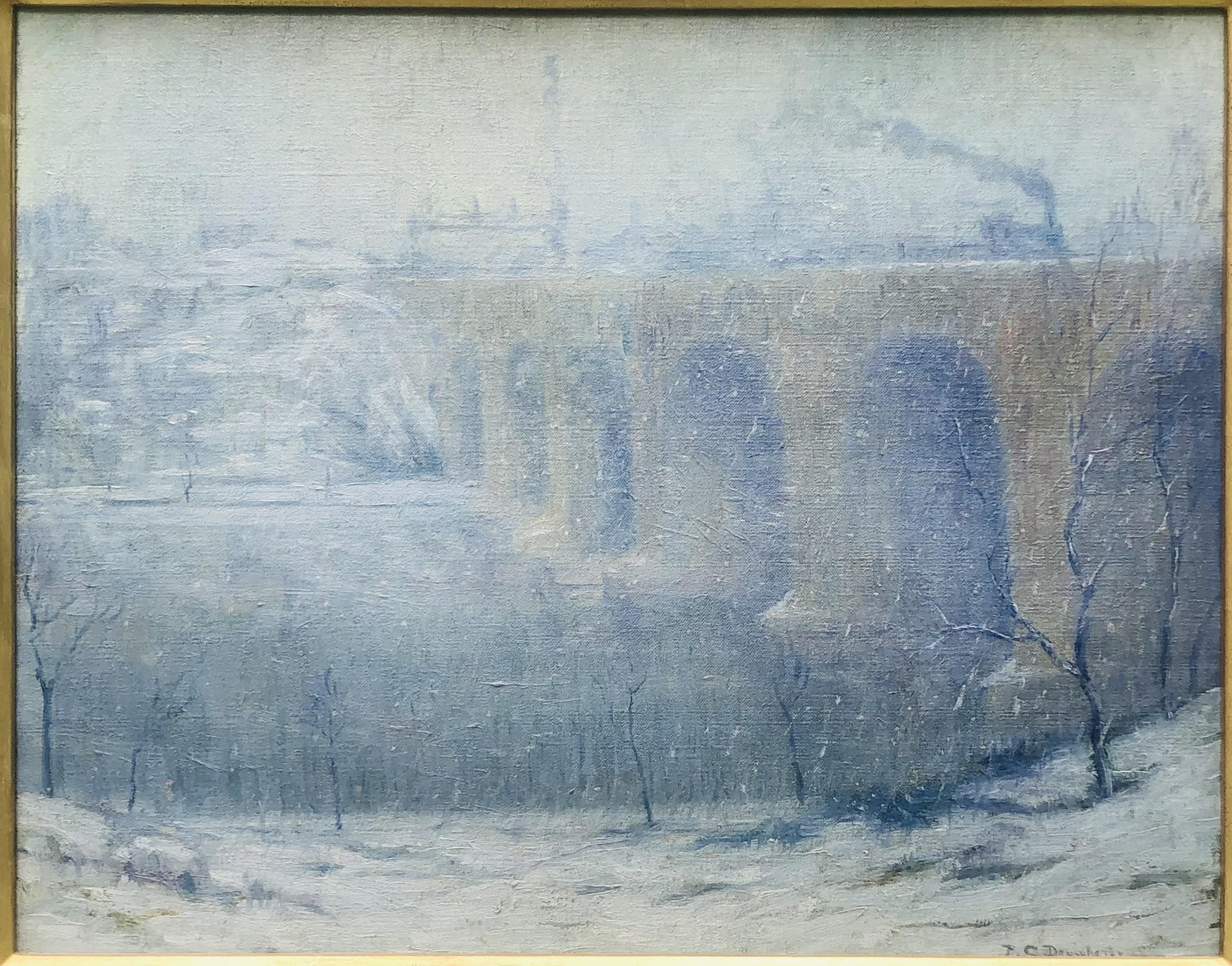 1916 Impressionist Schuylkill River Rail Road Bridge in Snow - PC Dougherty - Painting by Unknown