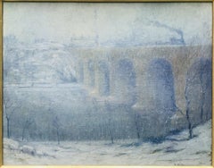 1916 Impressionist Schuylkill River Rail Road Bridge in Snow - PC Dougherty