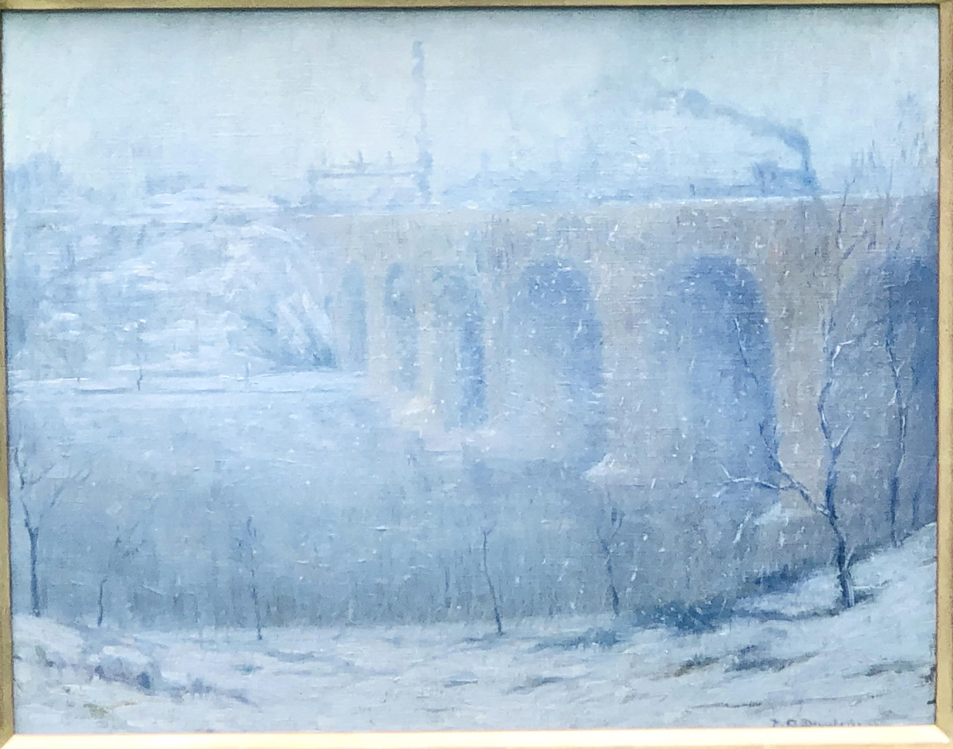 1916 Impressionist Schuylkill River Rail Road Bridge in Snow - PC Dougherty For Sale 1