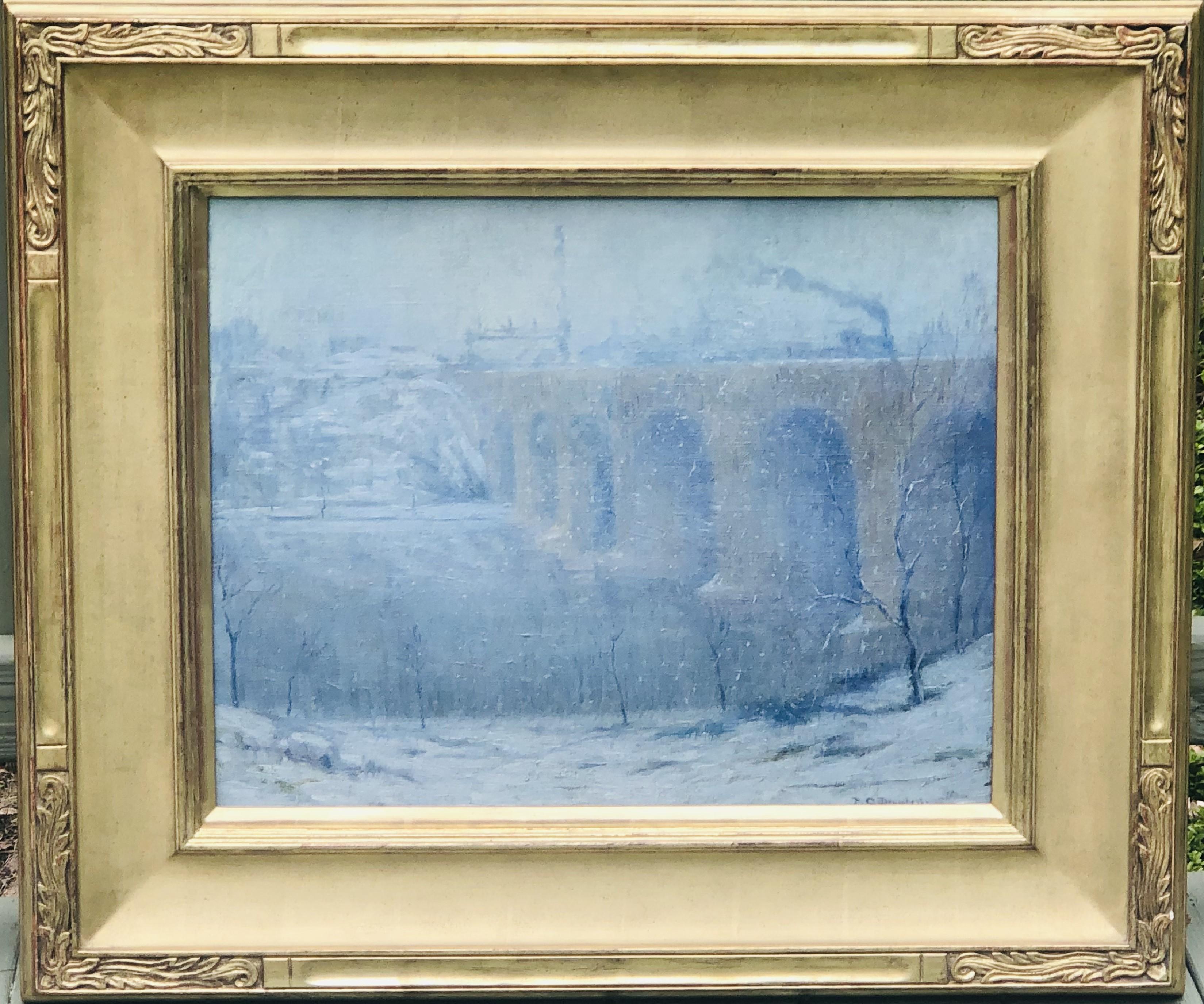 Unknown Landscape Painting - 1916 Impressionist Schuylkill River Rail Road Bridge in Snow - PC Dougherty