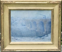 1916 Impresionista Puente ferroviario del río Schuylkill con nieve - PC Dougherty