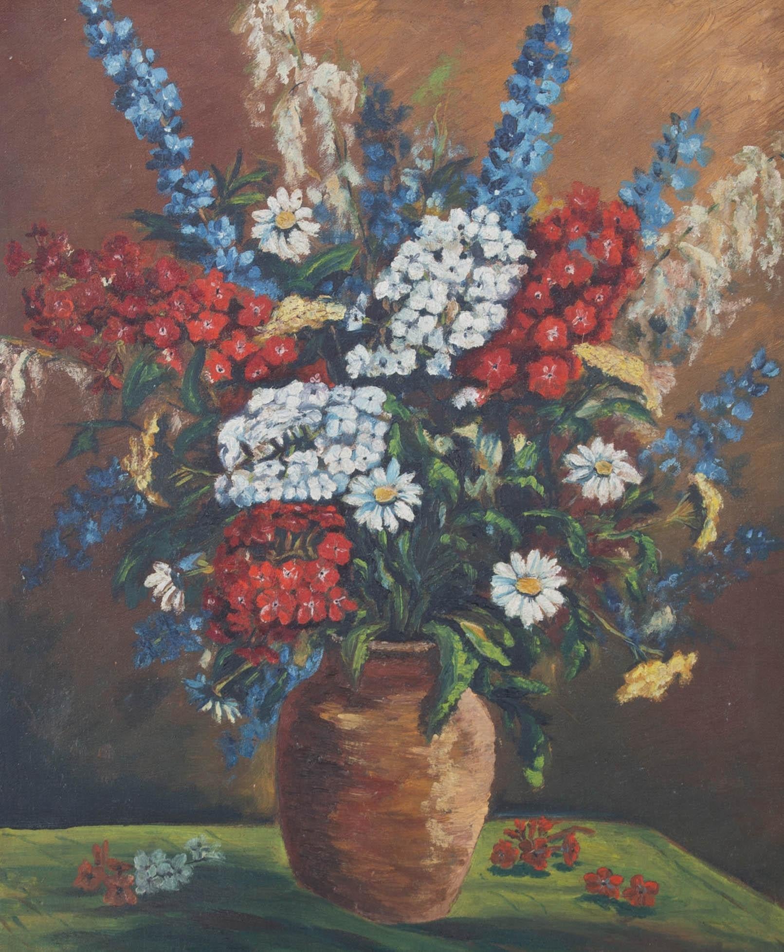 1917 Oil - Terracotta Vase with Flowers - Painting by Unknown