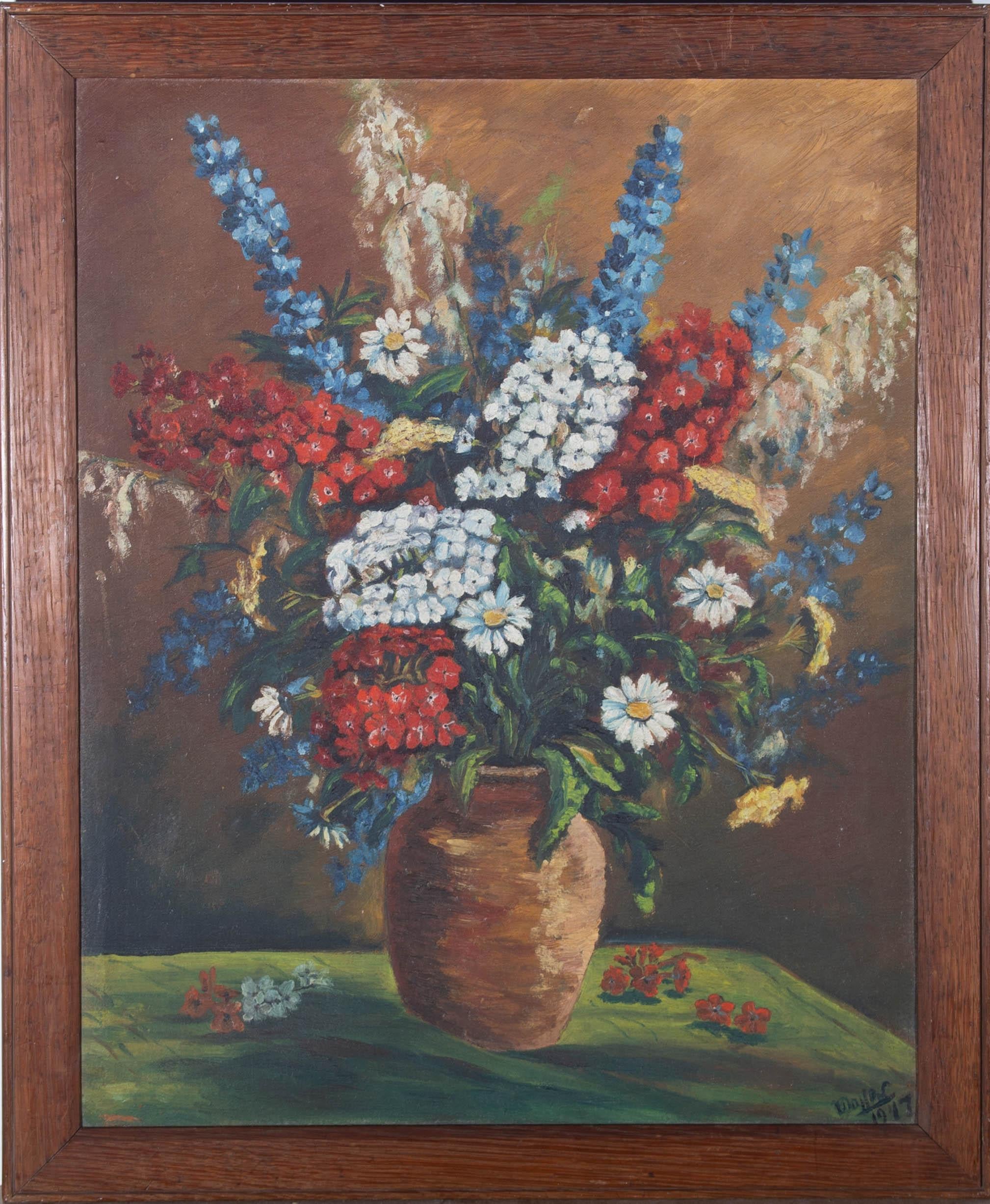 Unknown Still-Life Painting - 1917 Oil - Terracotta Vase with Flowers