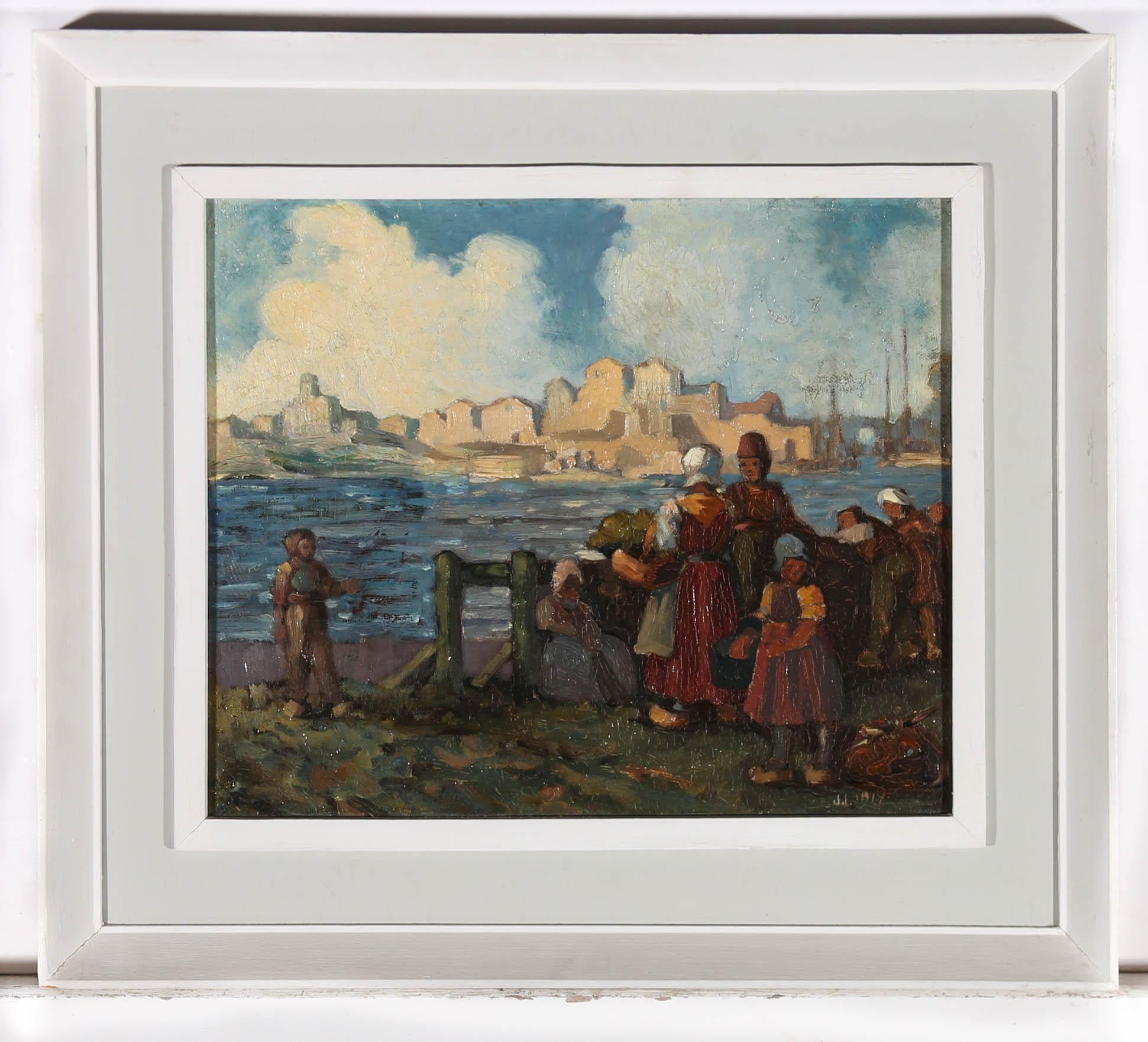 1917 Oil - Waiting For The Boats To Return For Sale 2