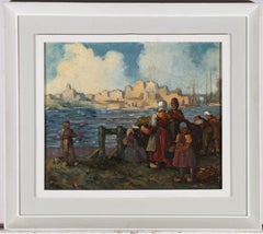 Antique 1917 Oil - Waiting For The Boats To Return