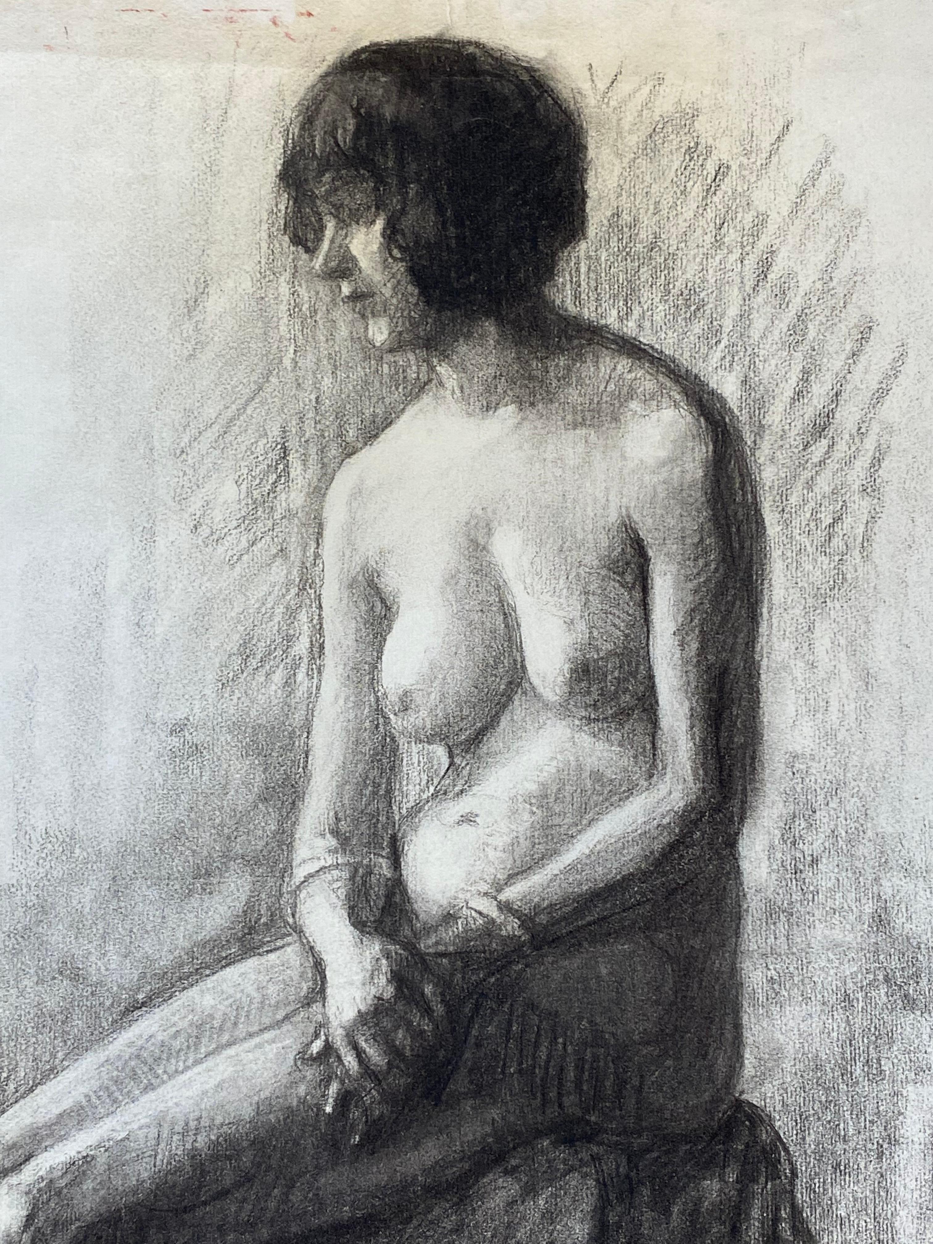 1920's French Charcoal Sketch of Seated Nude Lady the Artists Model - Painting by Unknown