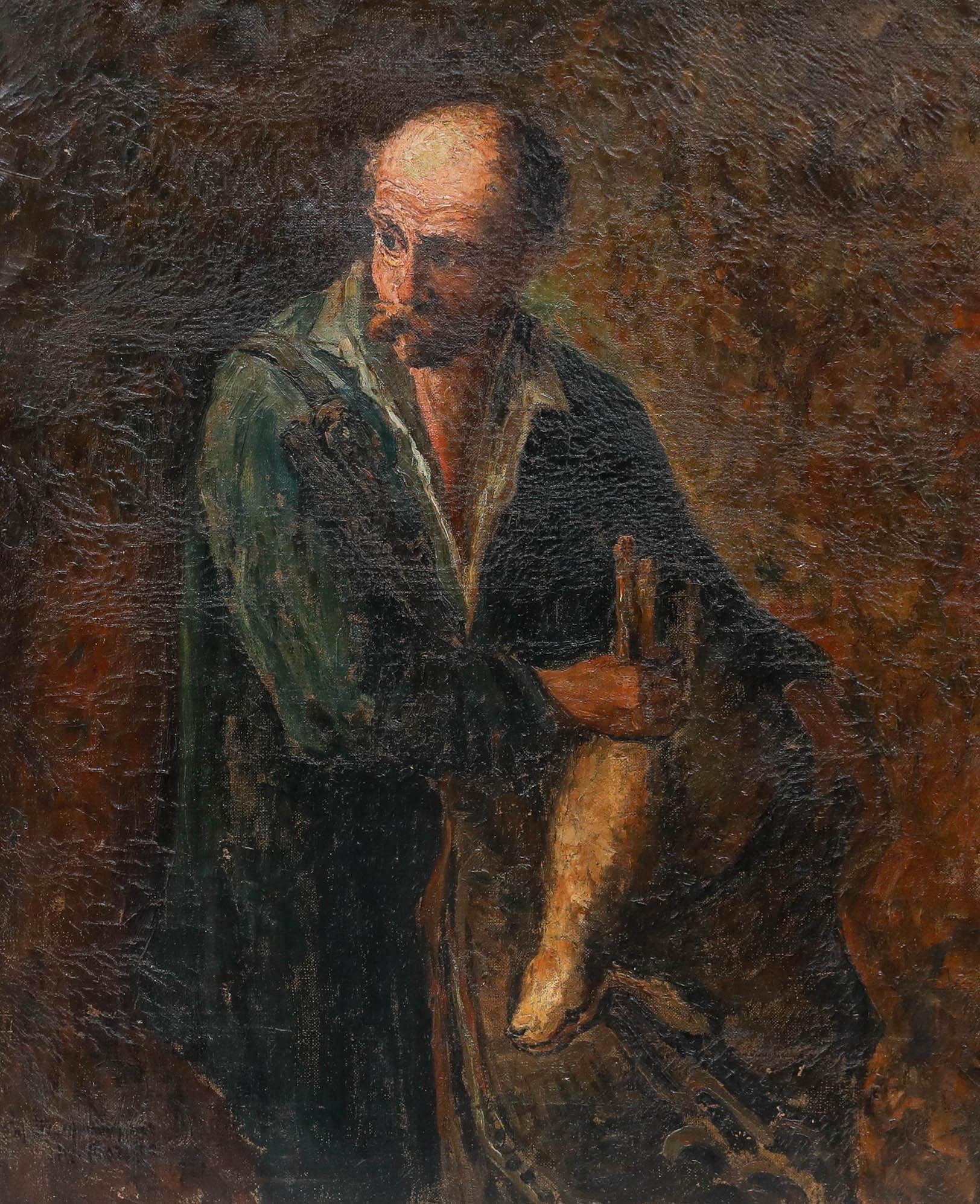 Olio del 1921 - Cacciatore e lepre - Painting di Unknown