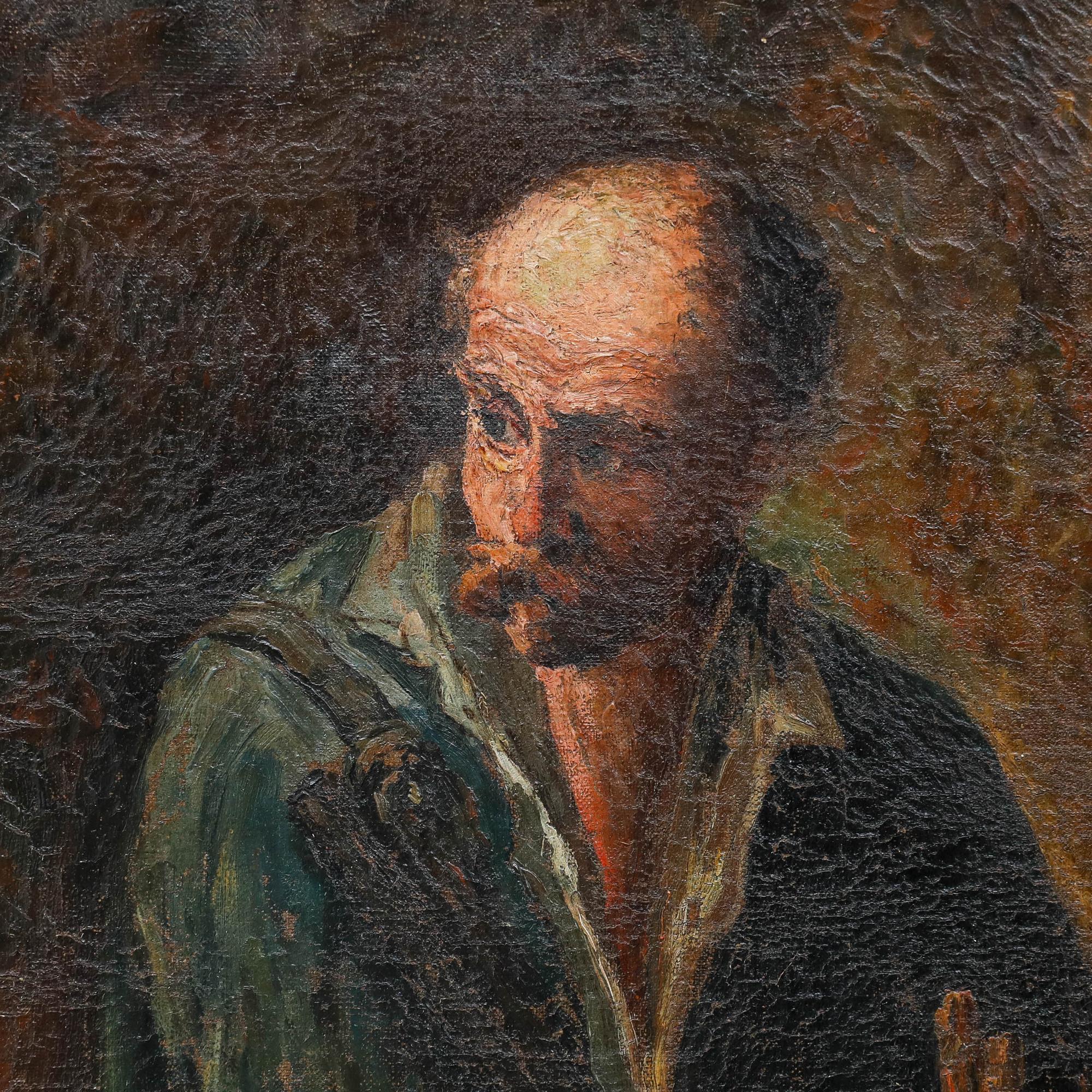 Olio del 1921 - Cacciatore e lepre - Portrait Painting Nero di Unknown