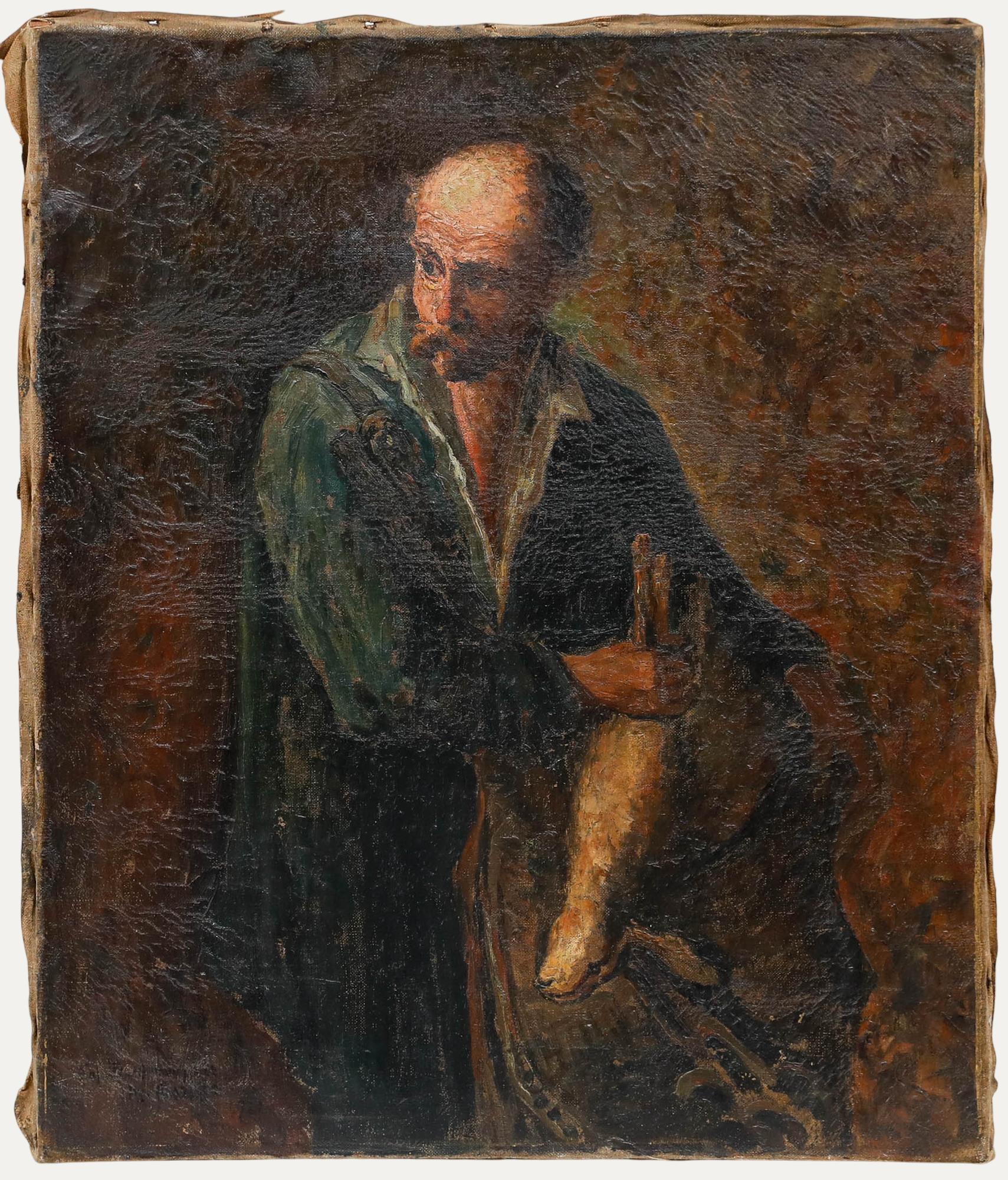 Portrait Painting di Unknown - Olio del 1921 - Cacciatore e lepre