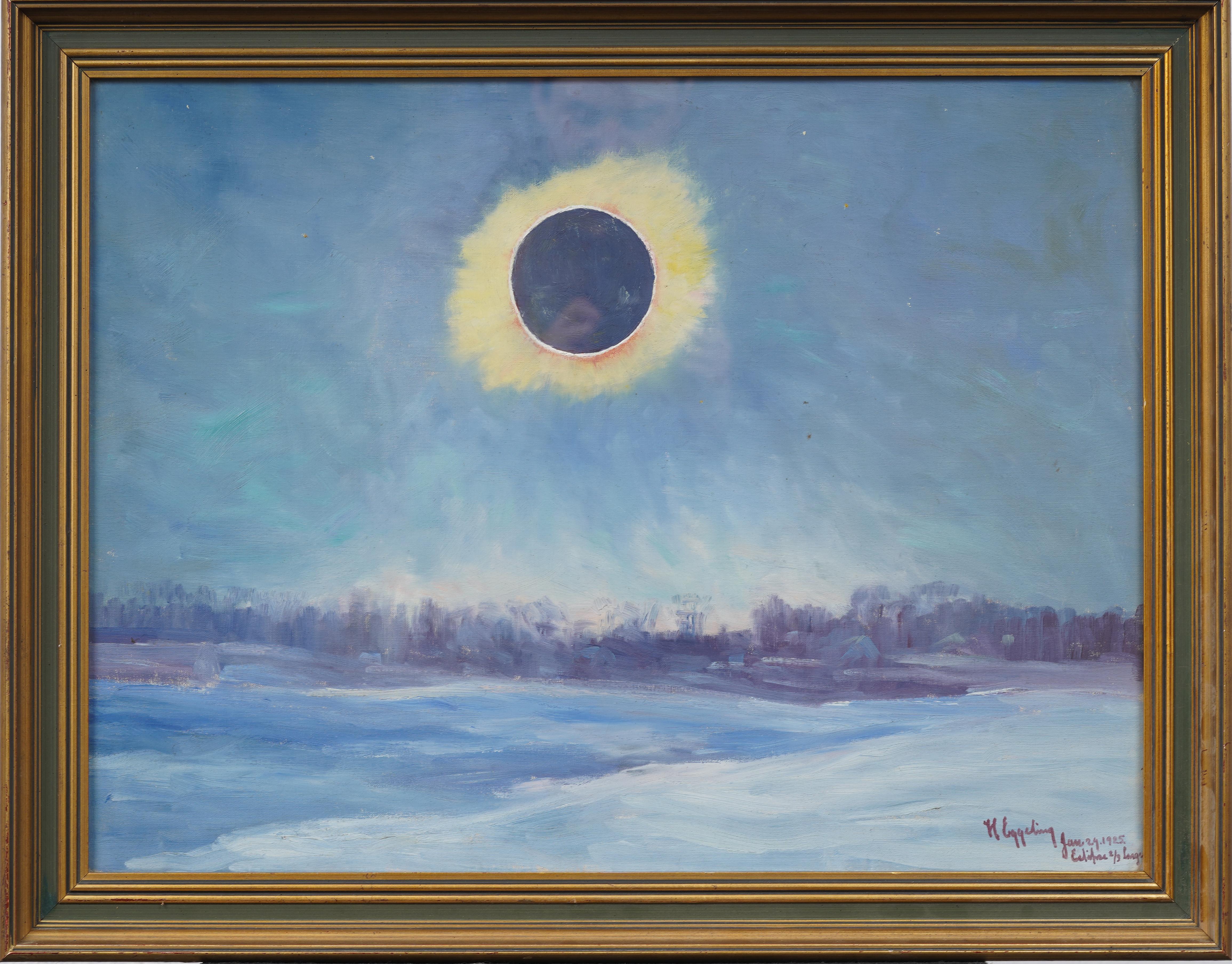 1925 Solar Eclipse Winter Antique American Impressionist Framed Oil Painting - Gray Landscape Painting by Unknown