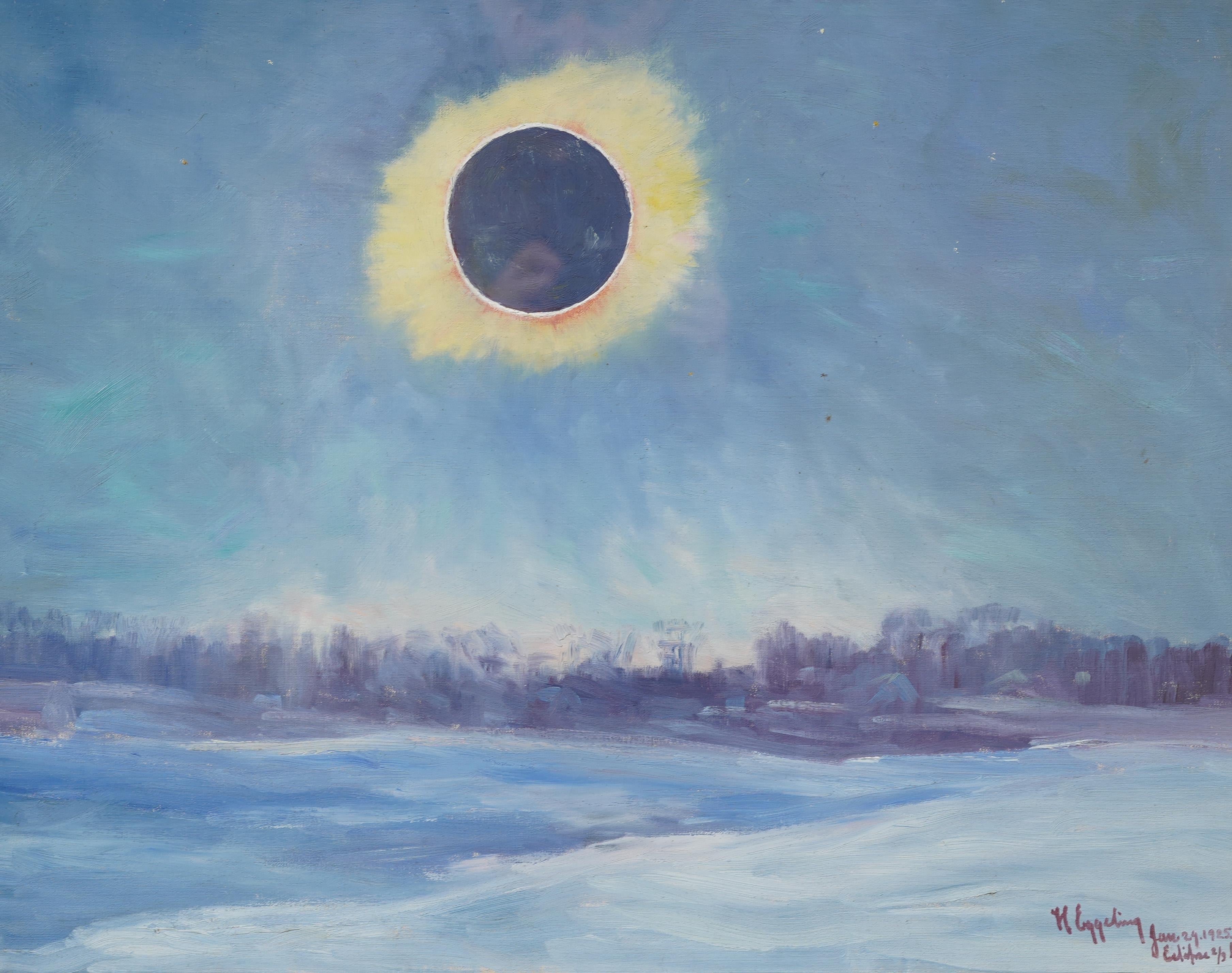 1925 Solar Eclipse Winter Antique American Impressionist Framed Oil Painting For Sale 1