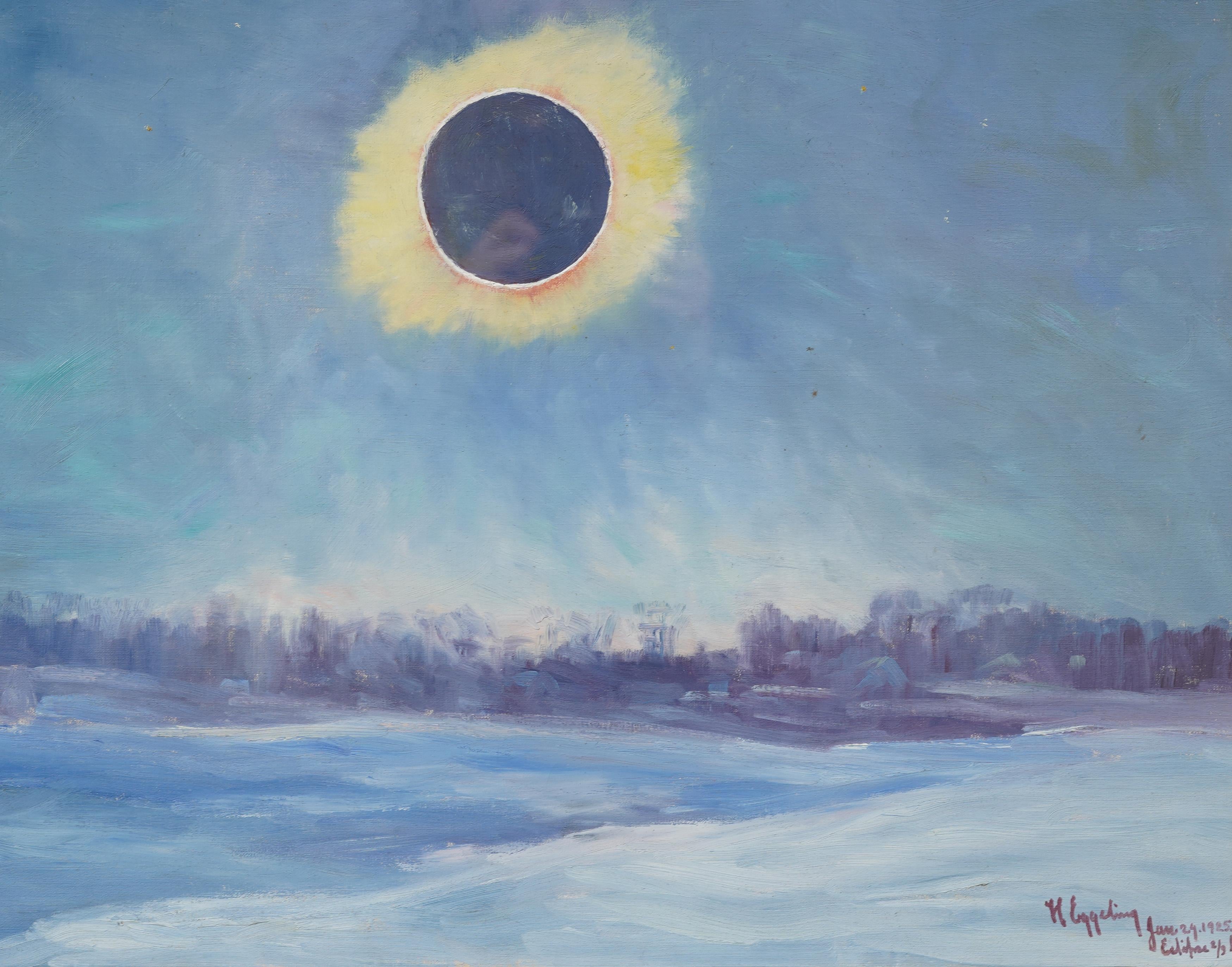 1925 Solar Eclipse Winter Antique American Impressionist Framed Oil Painting For Sale 2