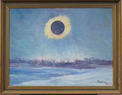 Peinture à l'huile impressionniste américaine ancienne de 1925, Éclipse solaire d'hiver
