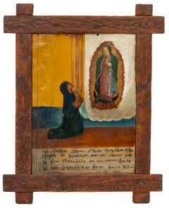 Antique 1927 Mexican Ex-Voto Retablo Our Lady of Guadalupe, Oil on Tin