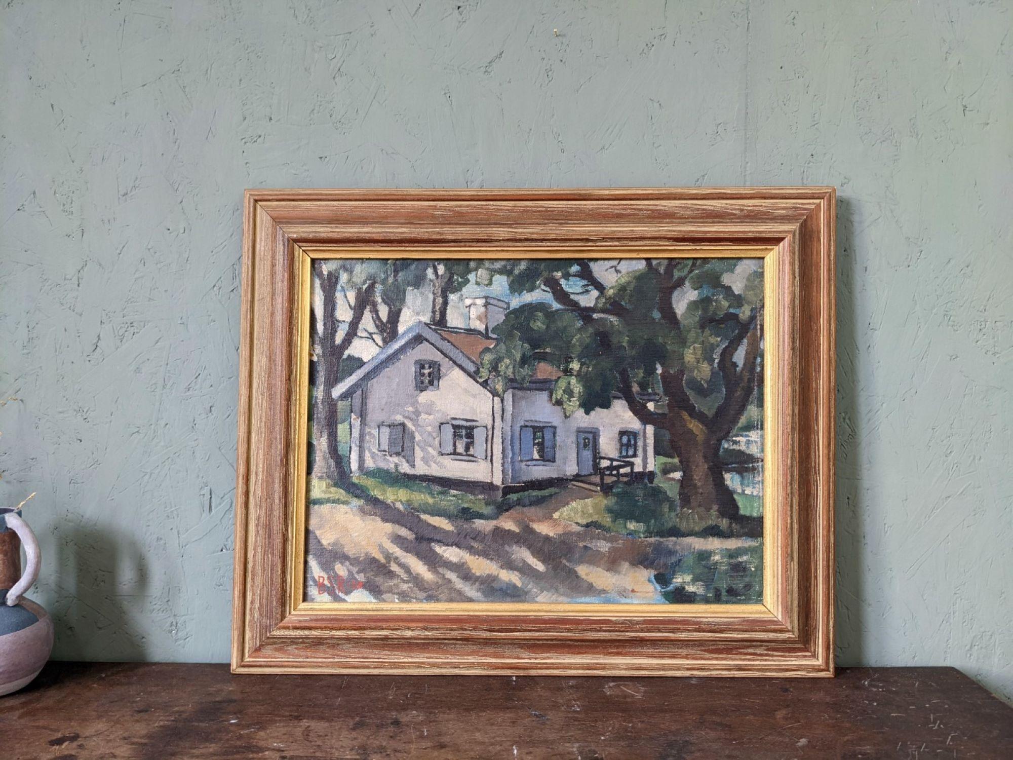 1928 Vintage Modernist Swedish Landscape Oil Painting - The Shaded Cottage 8