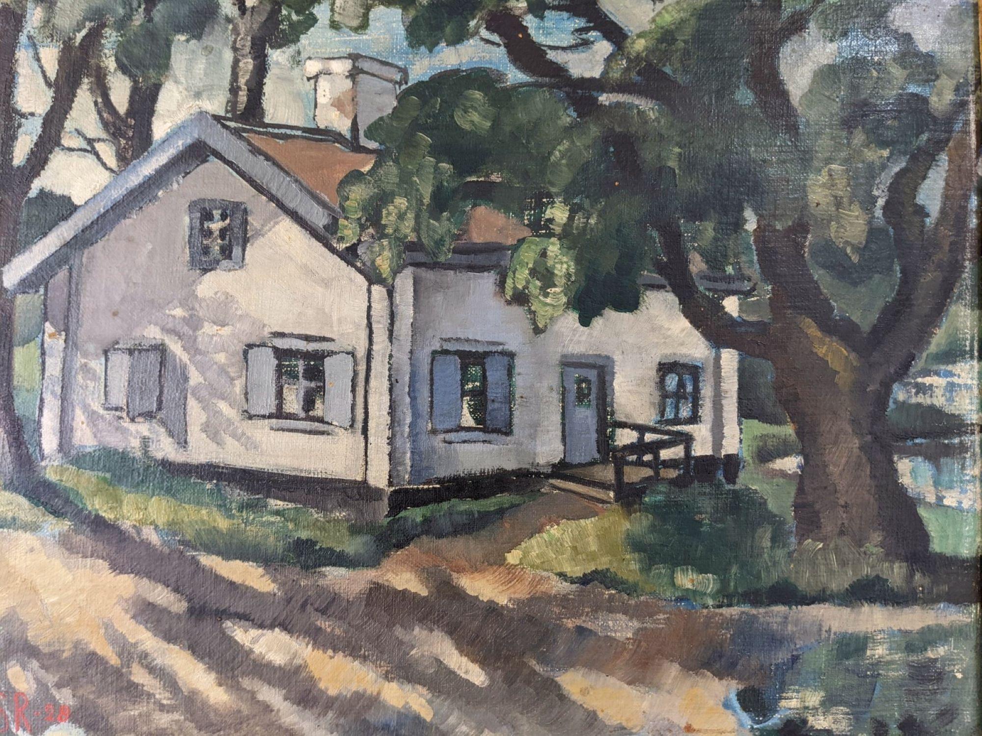 THE SHADED COTTAGE
Size: 49 x 60 cm (including frame)
Oil on canvas

An atmospheric expressionist style landscape composition in oil, painted onto canvas and dated 1928.

In this scenic view, a white cottage nests in the middle of a lush forest